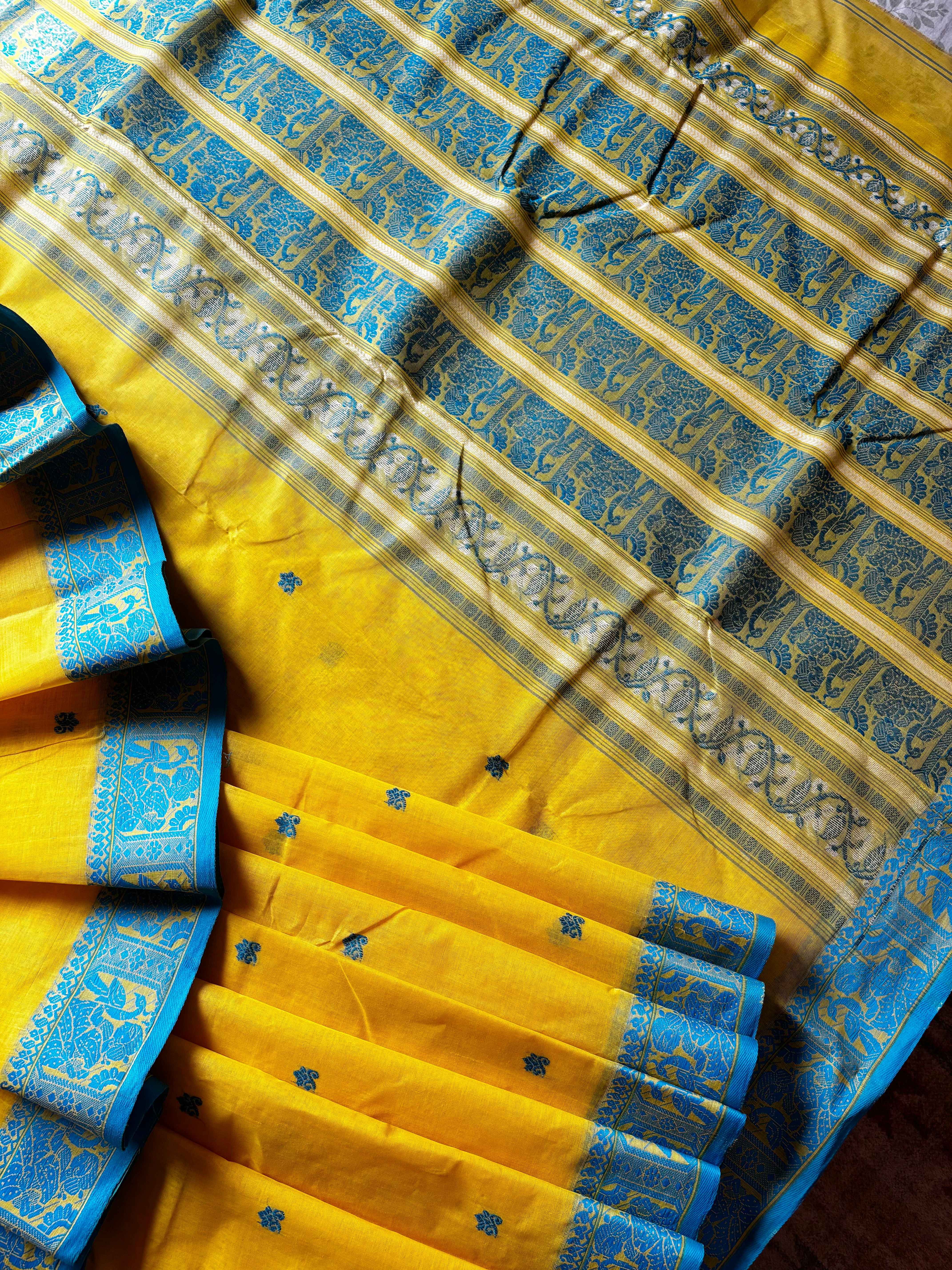 Handwoven Lemon Yellow Blue Cotton Baluchari Saree