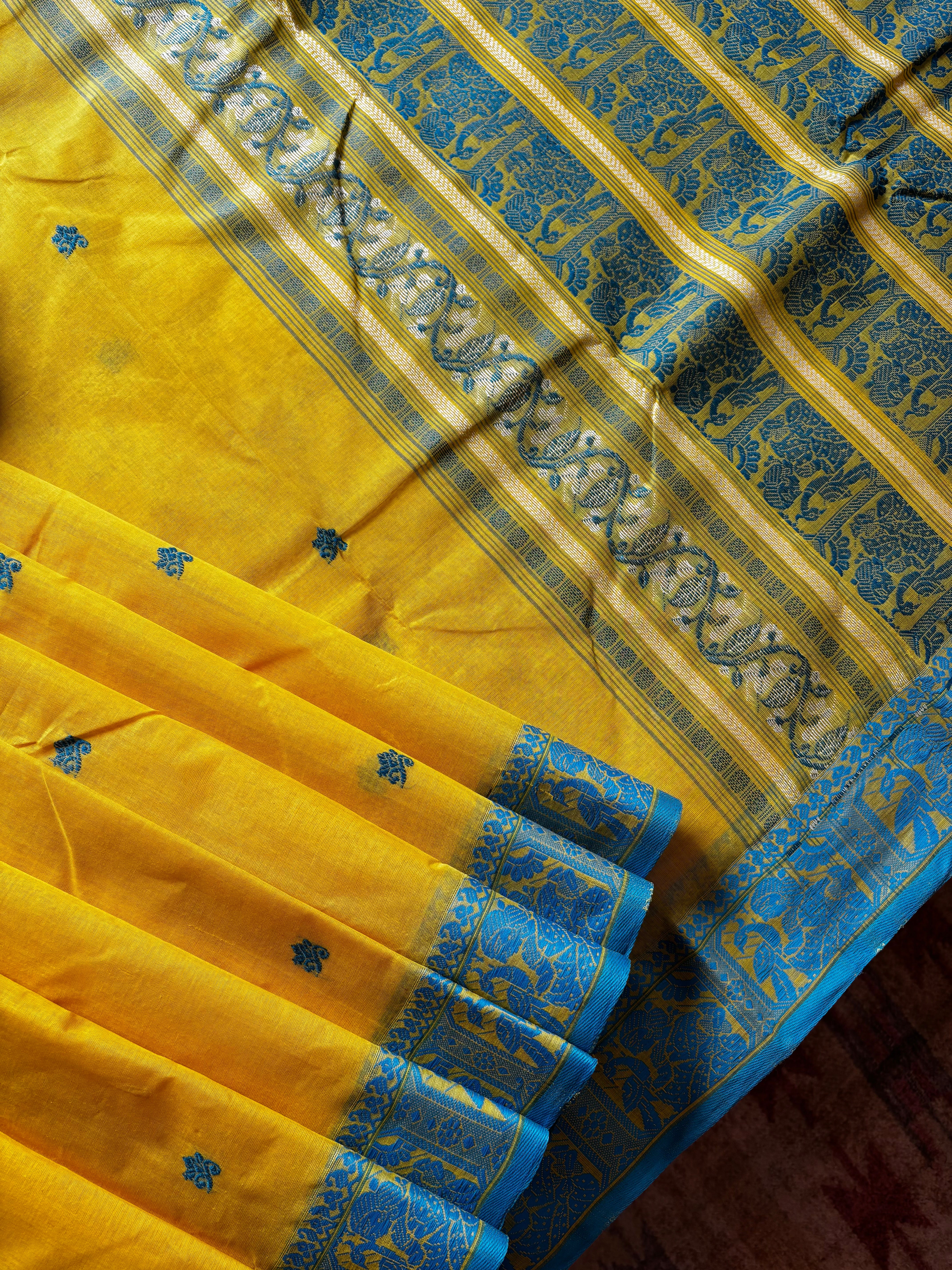 Handwoven Lemon Yellow Blue Cotton Baluchari Saree