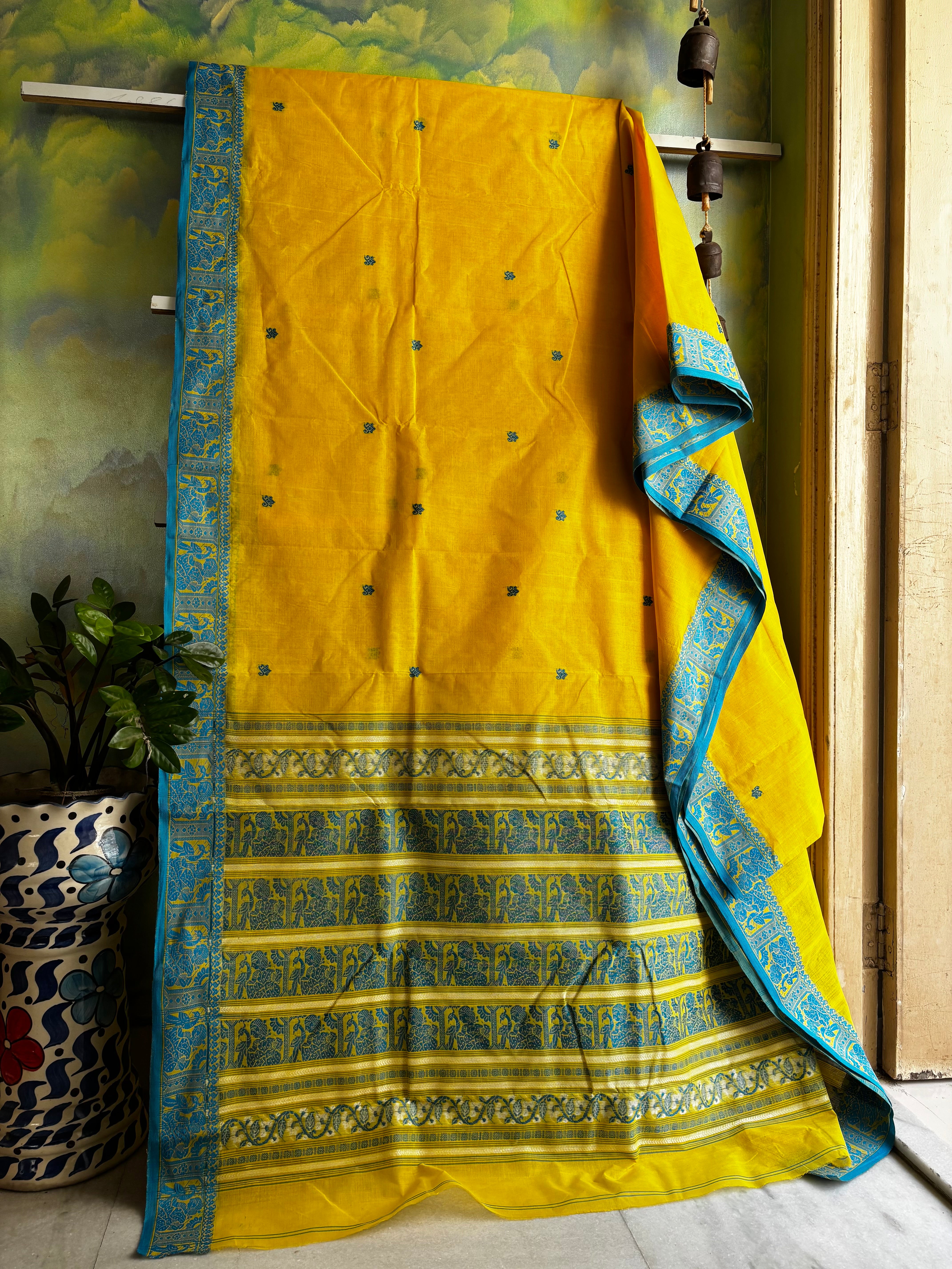 Handwoven Lemon Yellow Blue Cotton Baluchari Saree