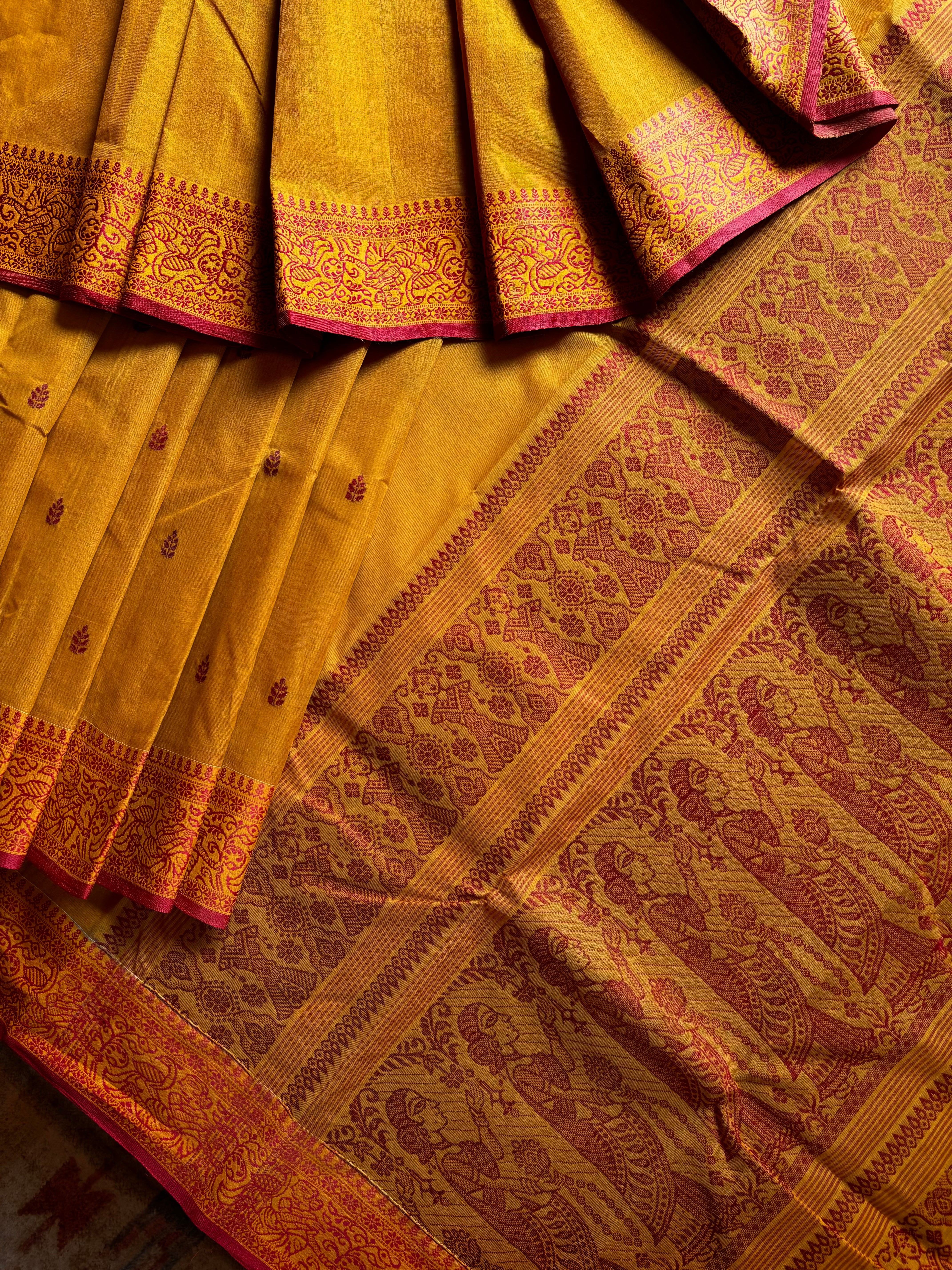 Handwoven Mustard Yellow Cotton Baluchari Saree