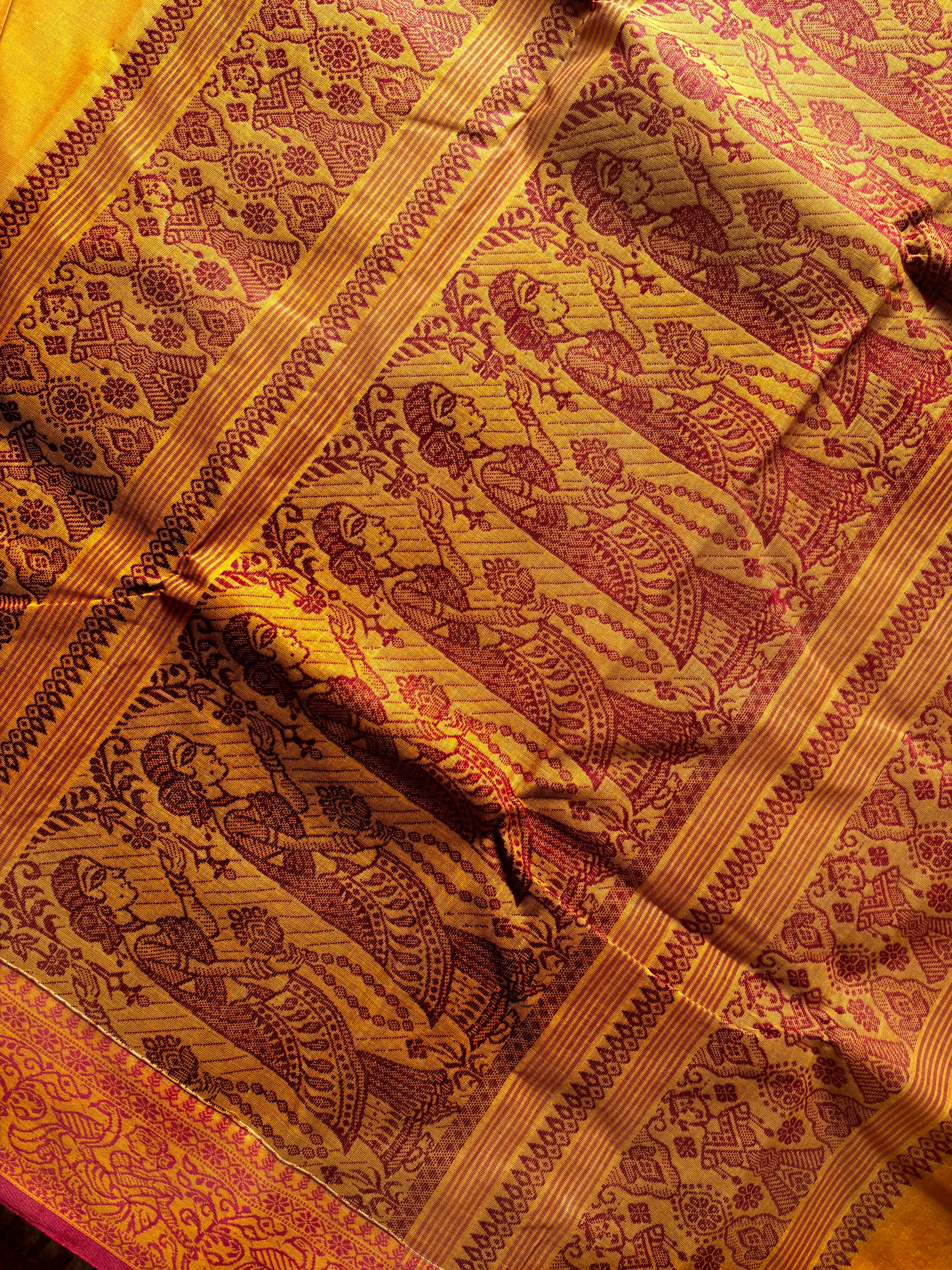 Handwoven Mustard Yellow Cotton Baluchari Saree