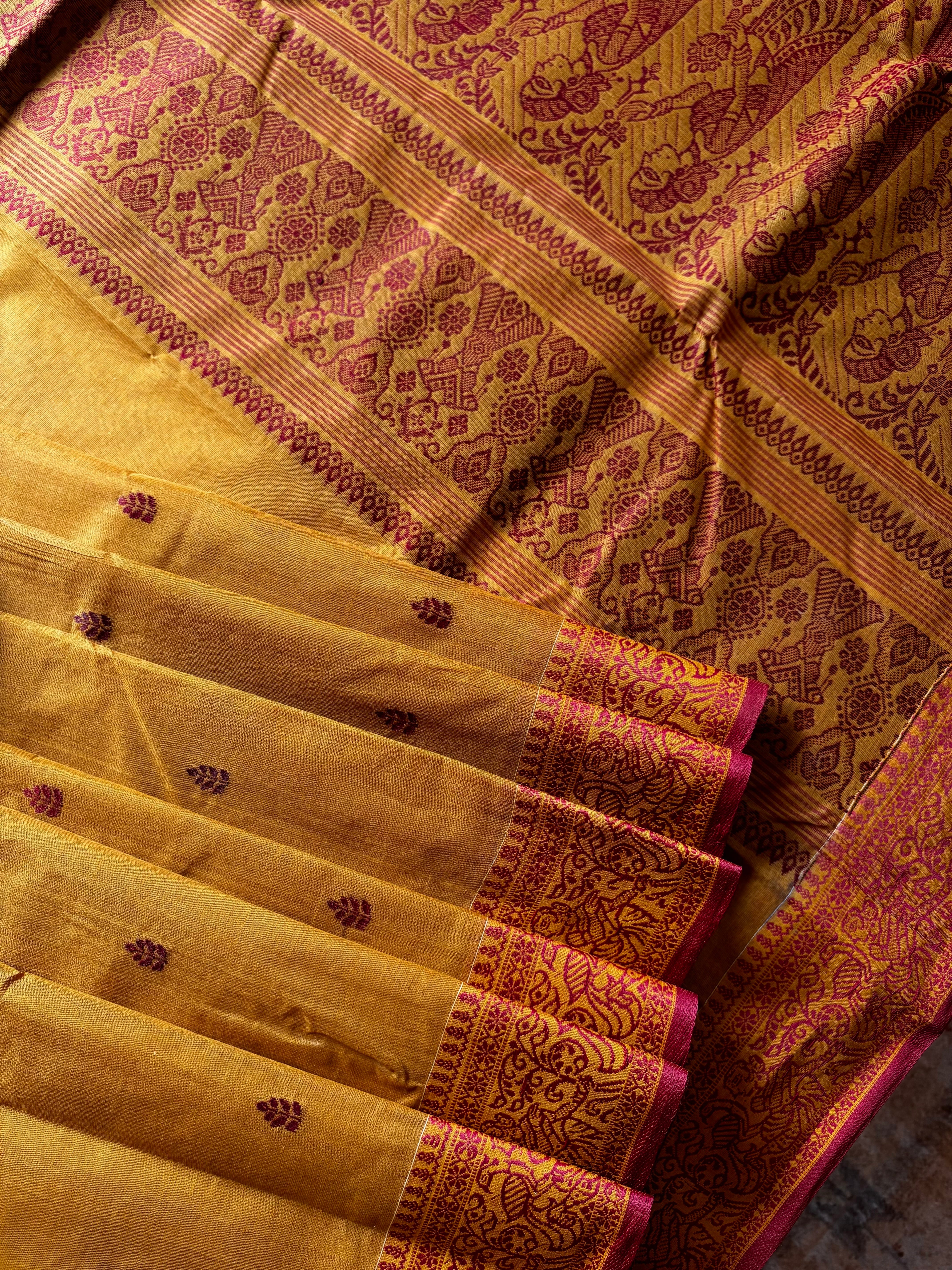 Handwoven Mustard Yellow Cotton Baluchari Saree