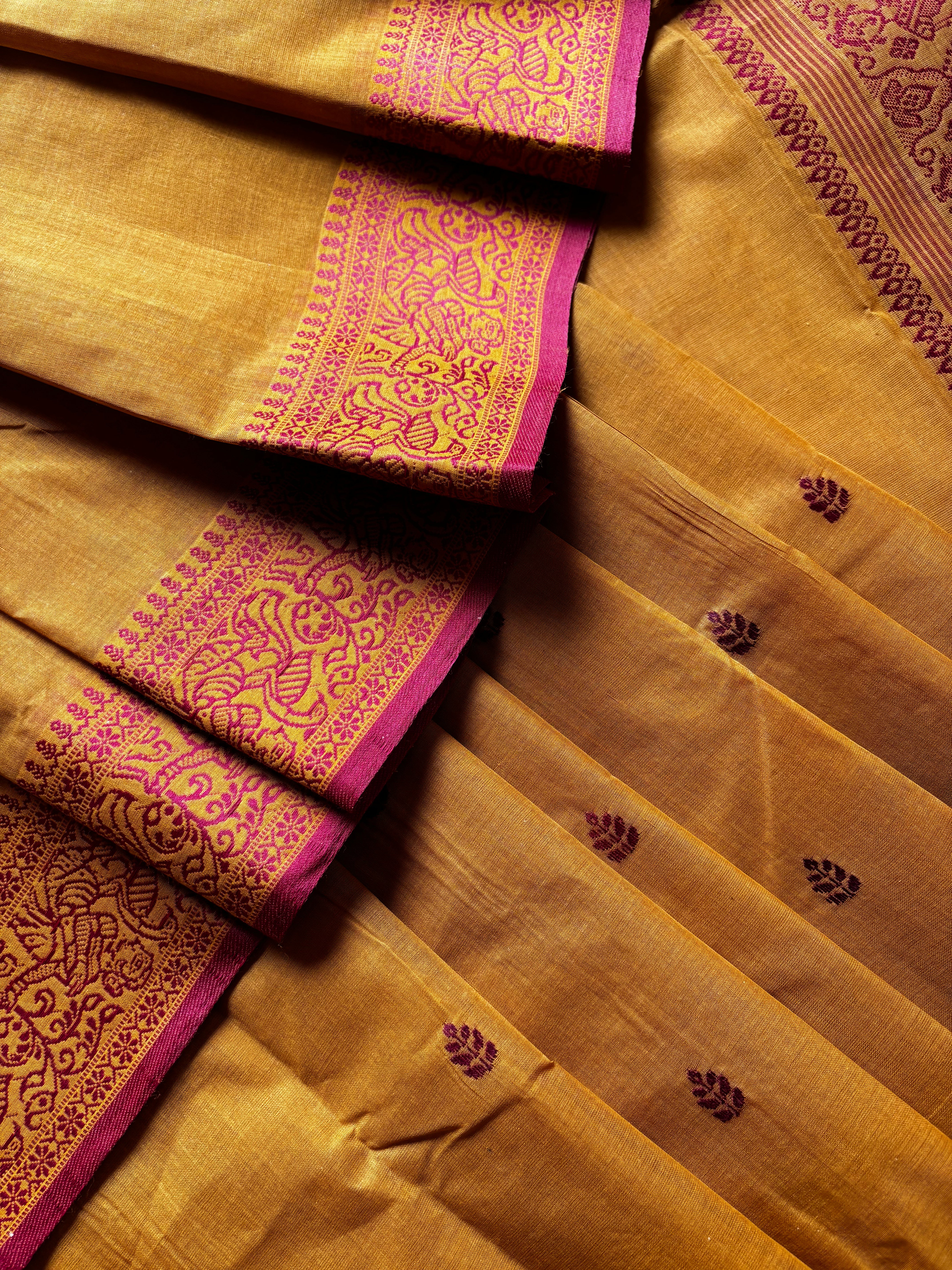 Handwoven Mustard Yellow Cotton Baluchari Saree