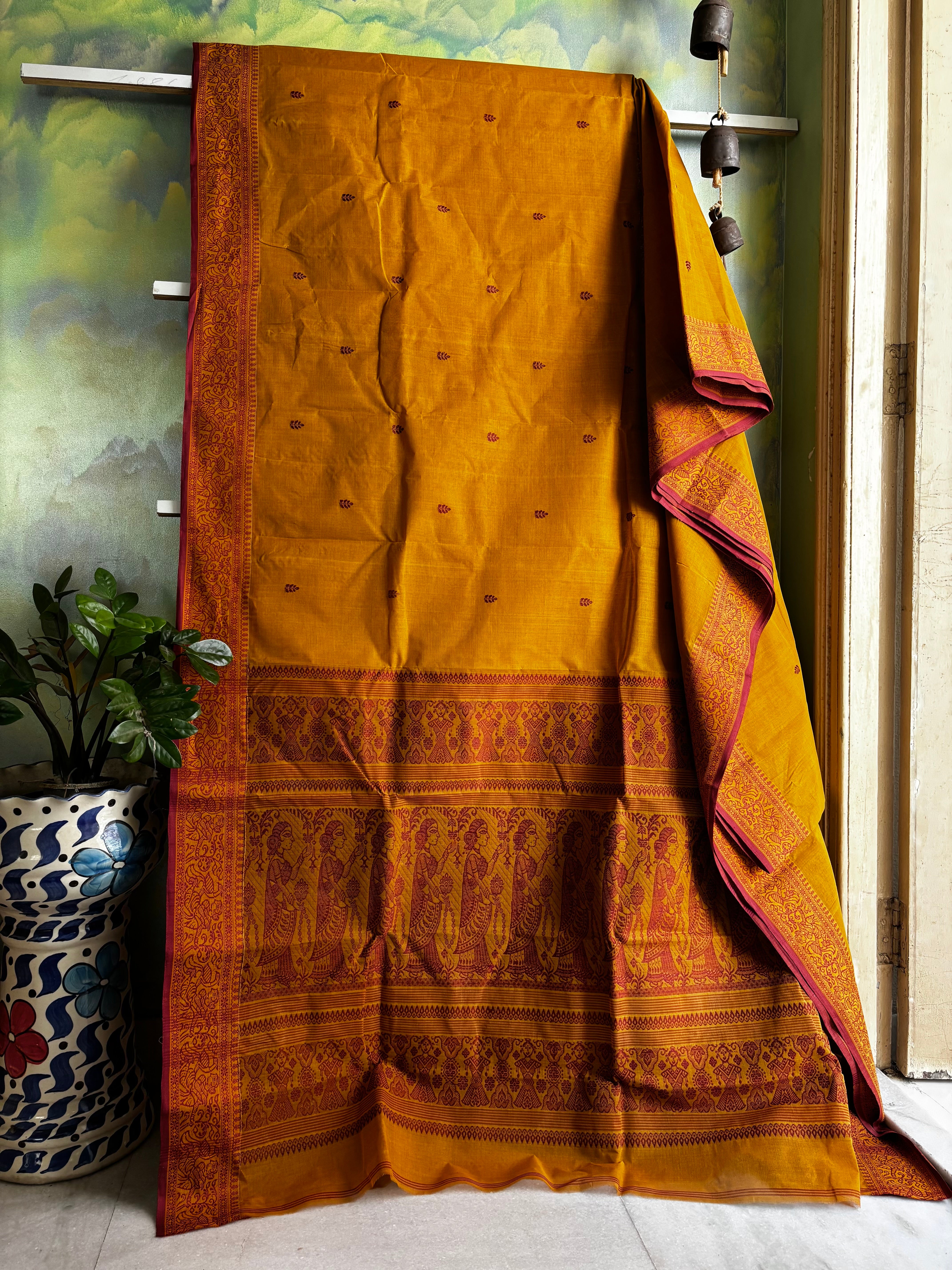Handwoven Mustard Yellow Cotton Baluchari Saree