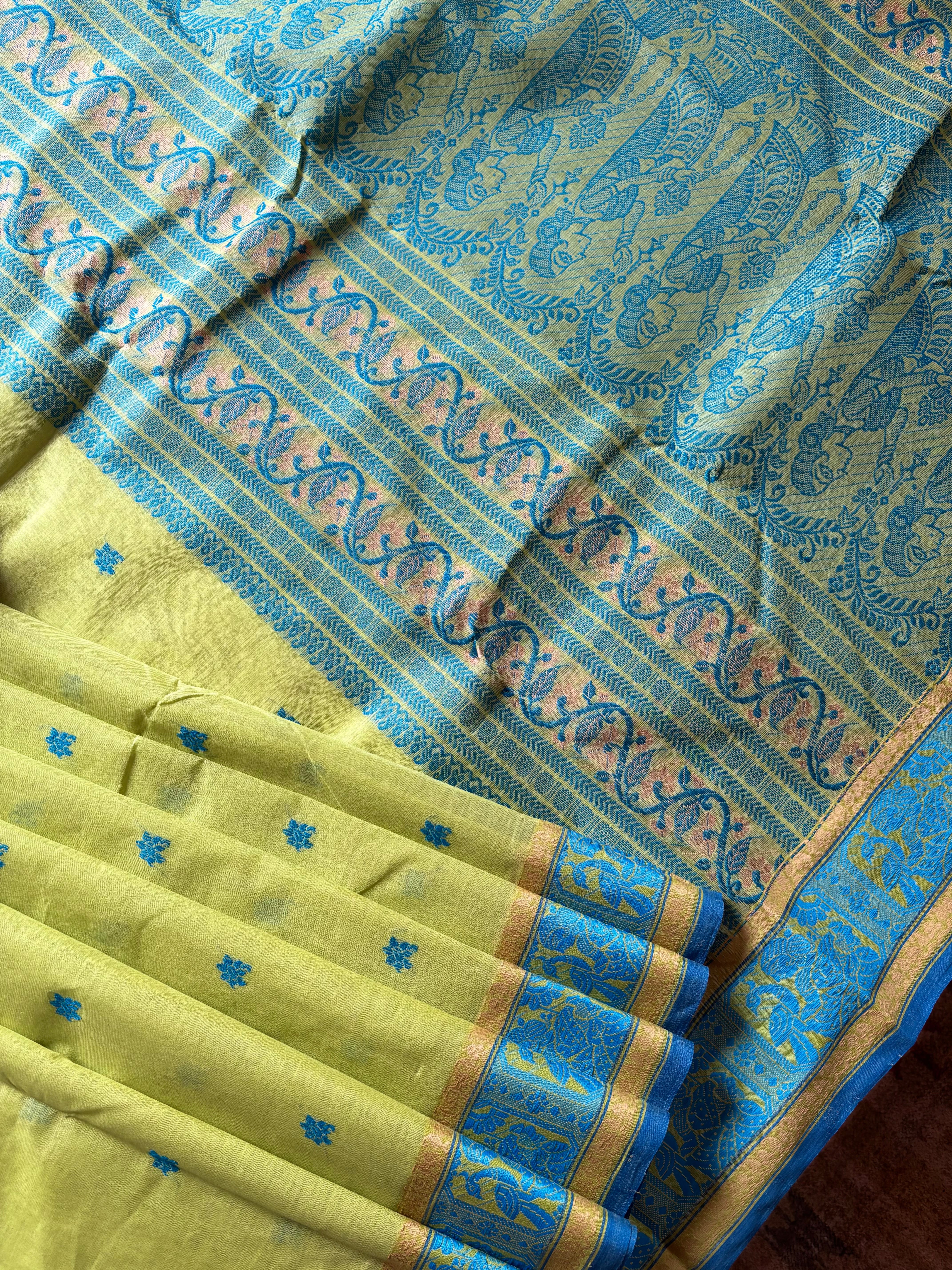 Handwoven Amla Green Cotton Baluchari Saree