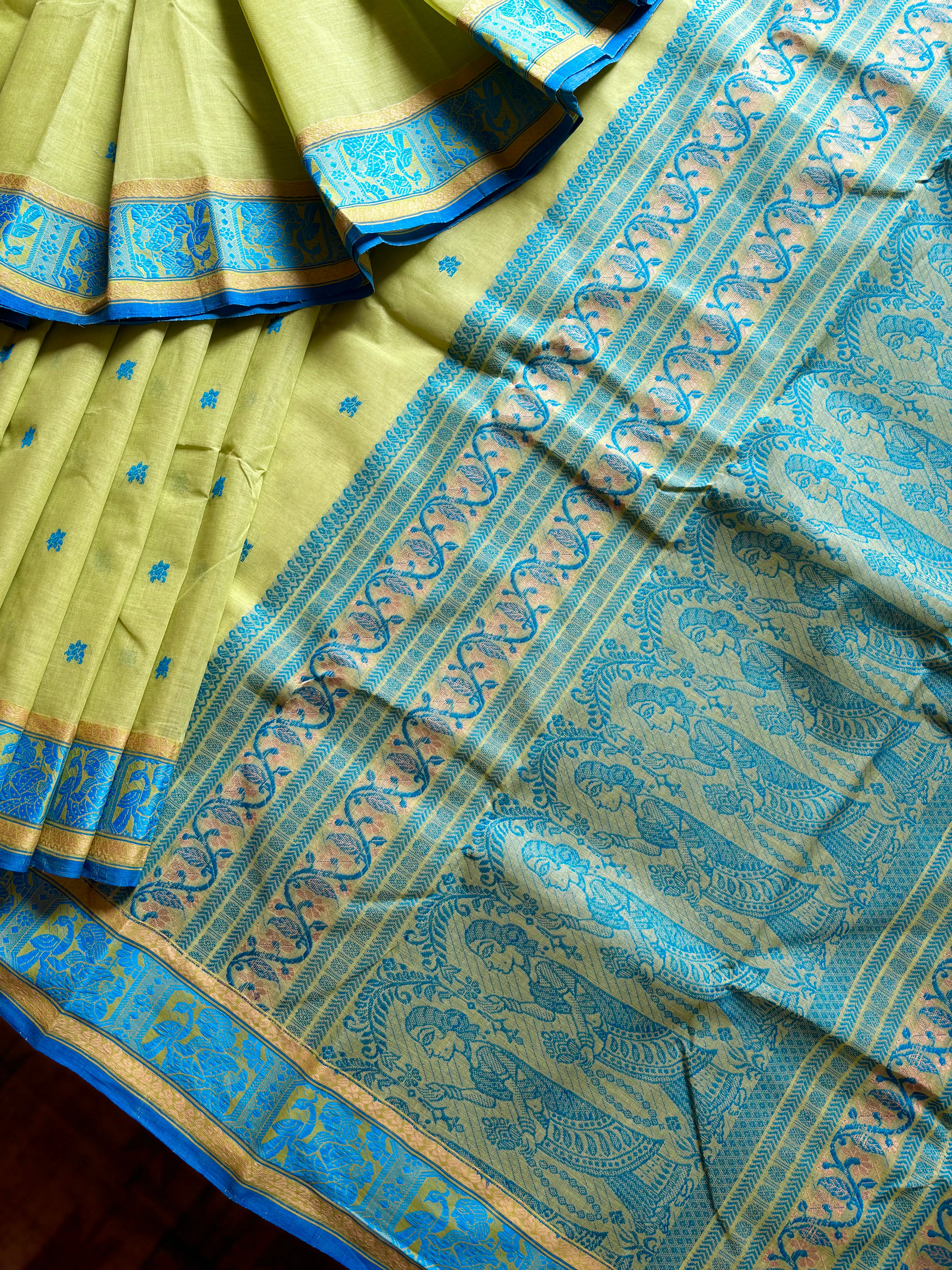 Handwoven Amla Green Cotton Baluchari Saree