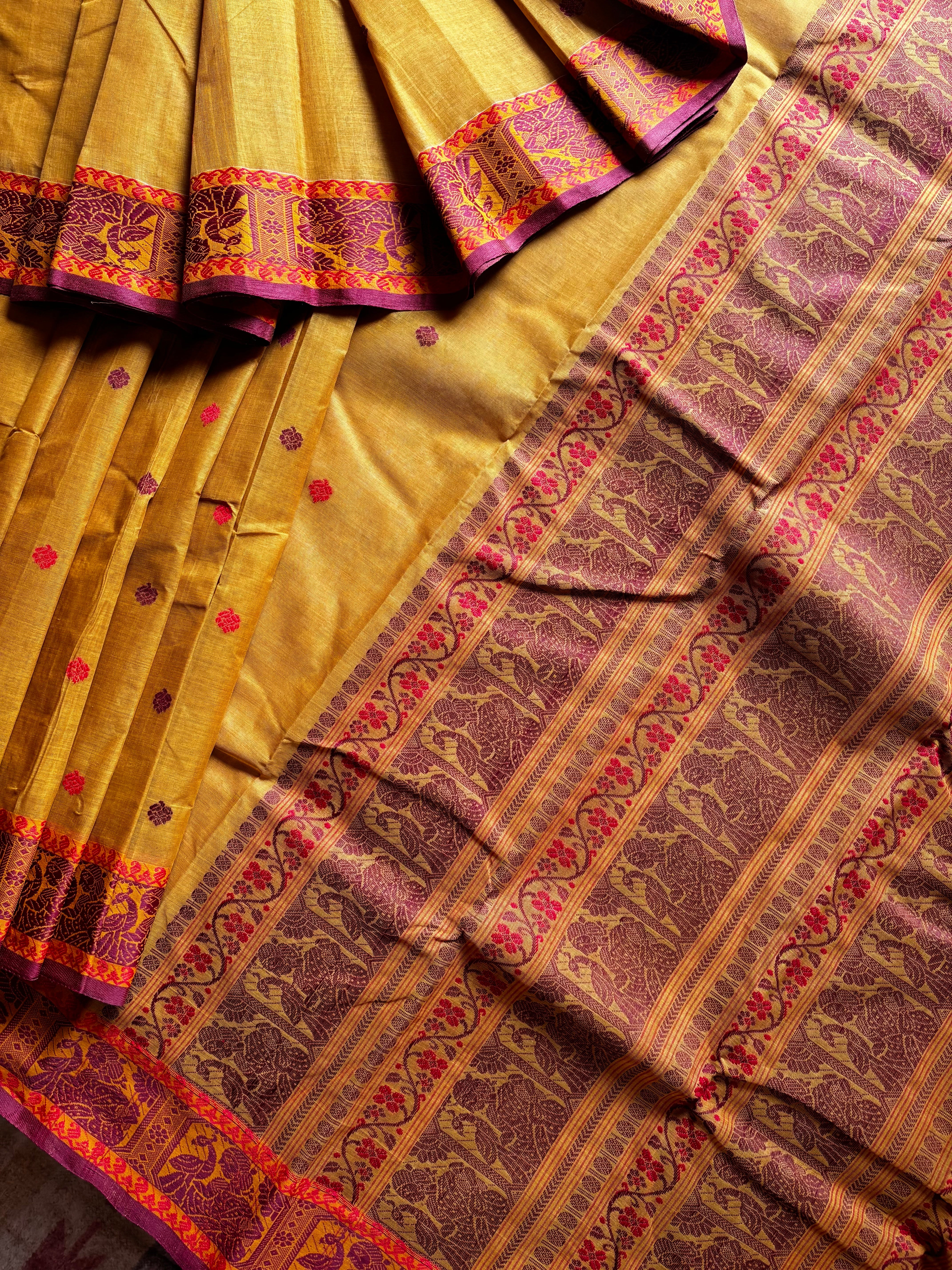 Handwoven Mustard Yellow Cotton Baluchari Saree