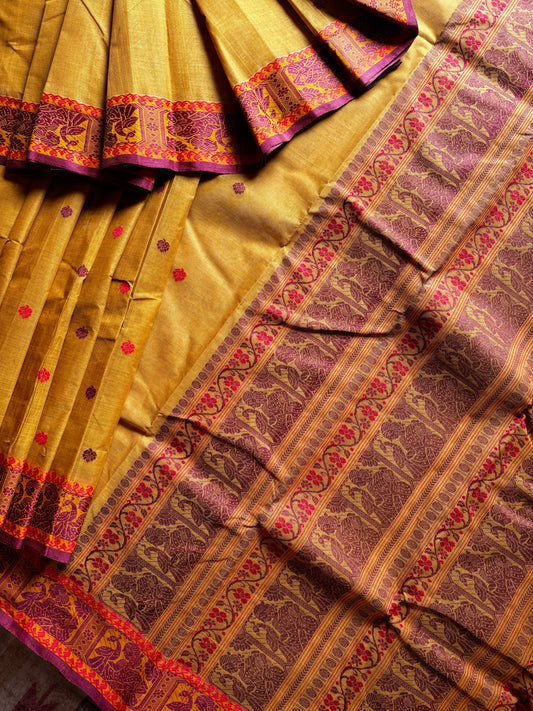 Handwoven Mustard Yellow Cotton Baluchari Saree
