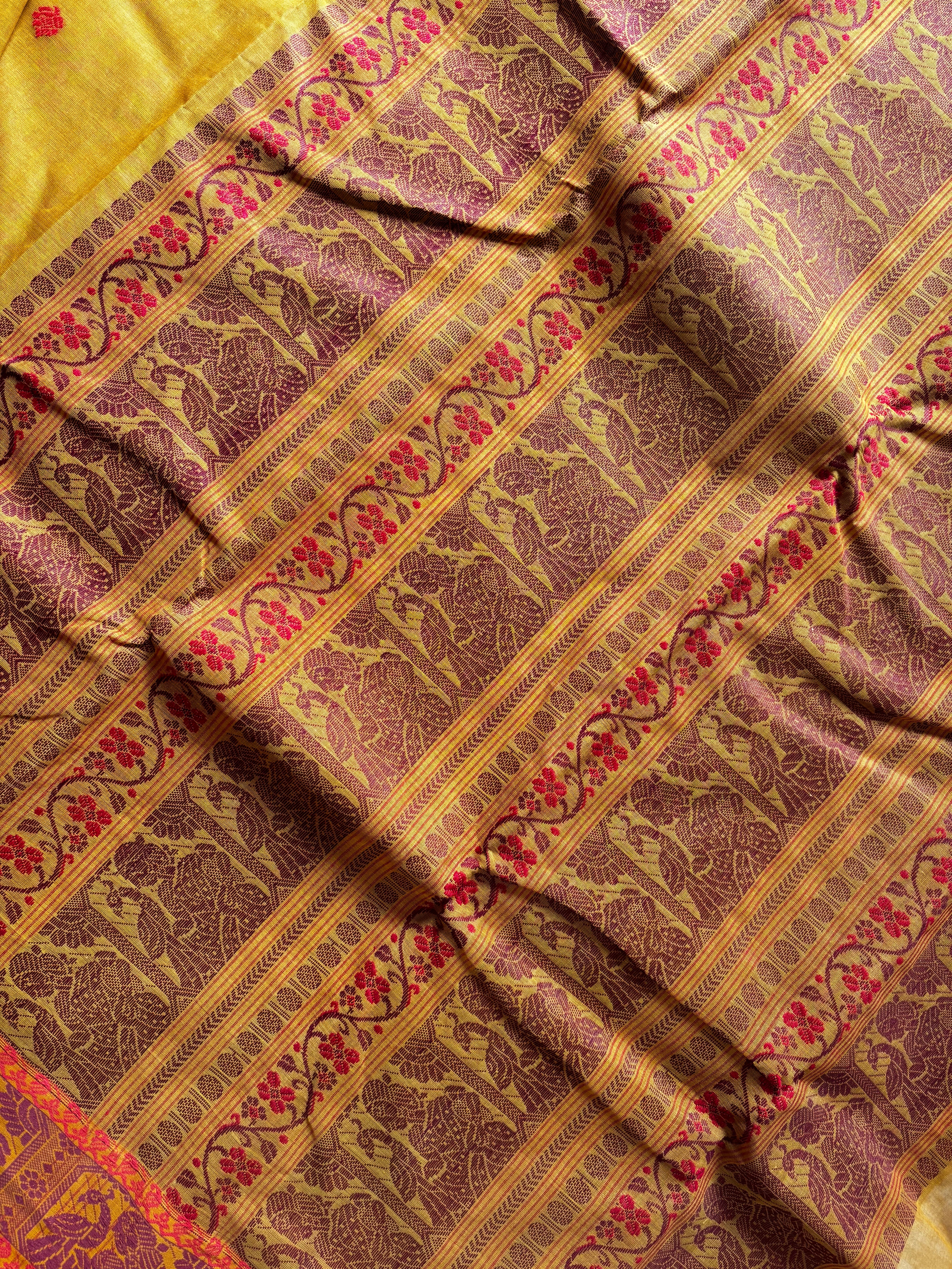Handwoven Mustard Yellow Cotton Baluchari Saree