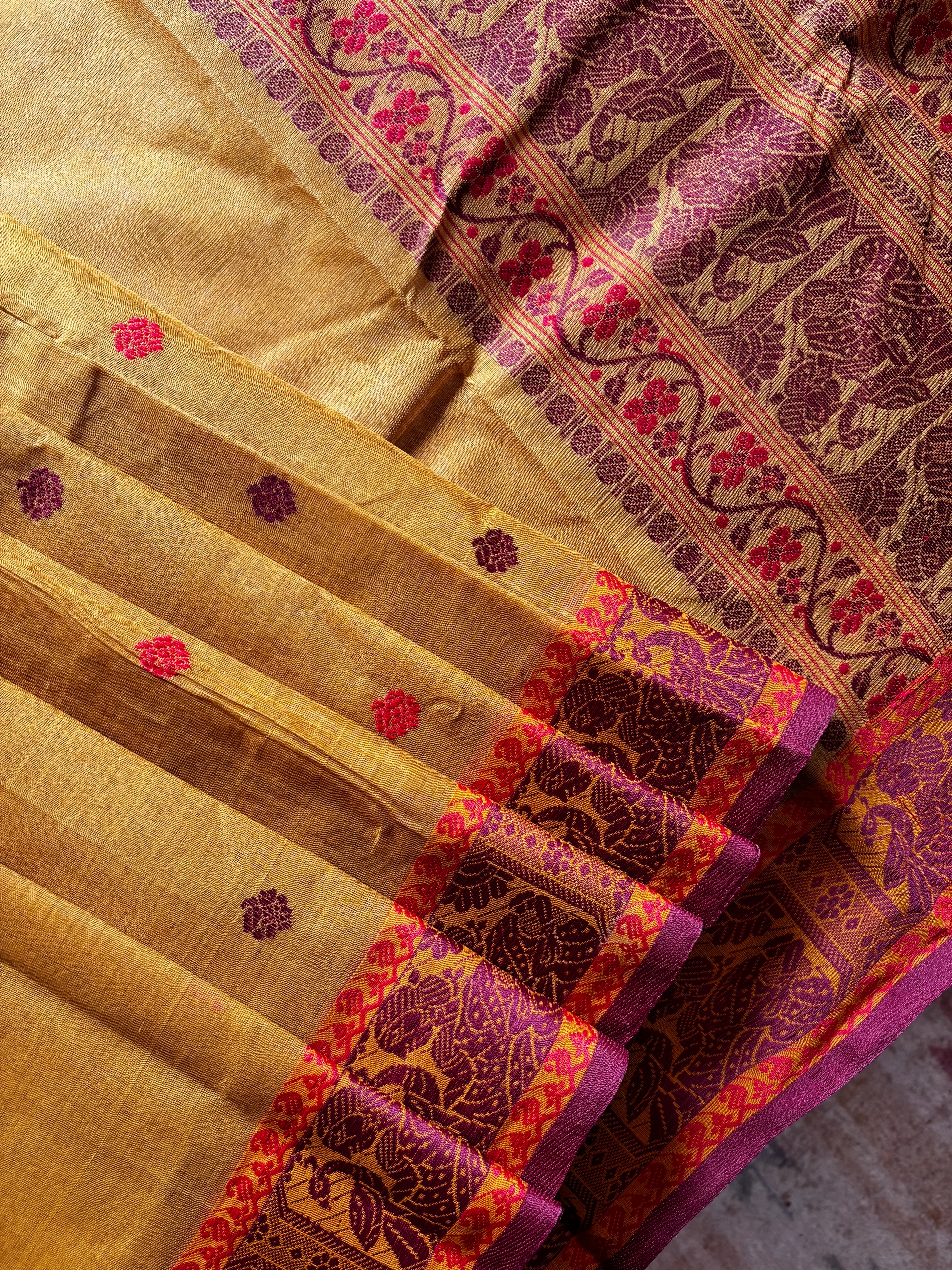 Handwoven Mustard Yellow Cotton Baluchari Saree