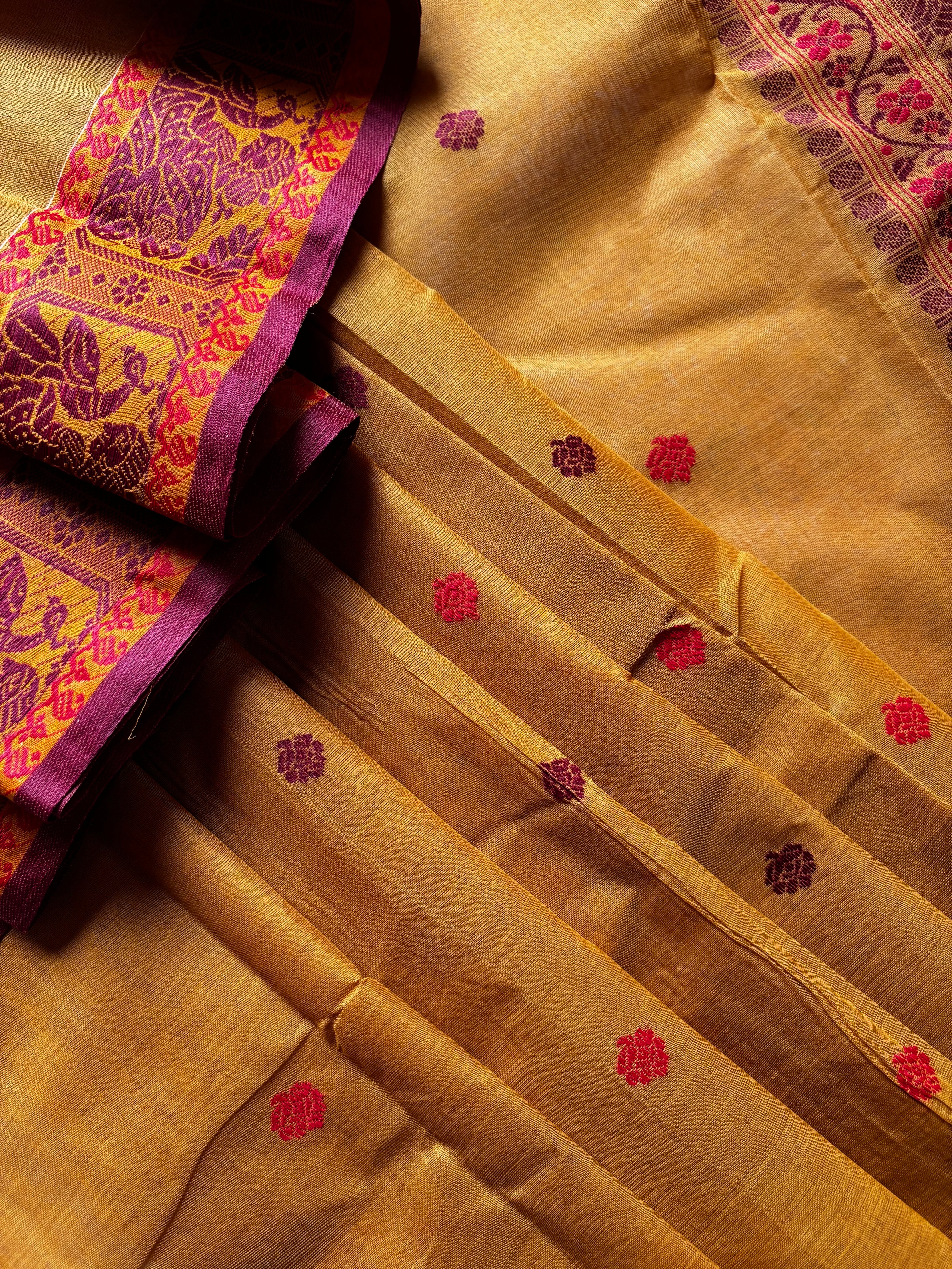 Handwoven Mustard Yellow Cotton Baluchari Saree
