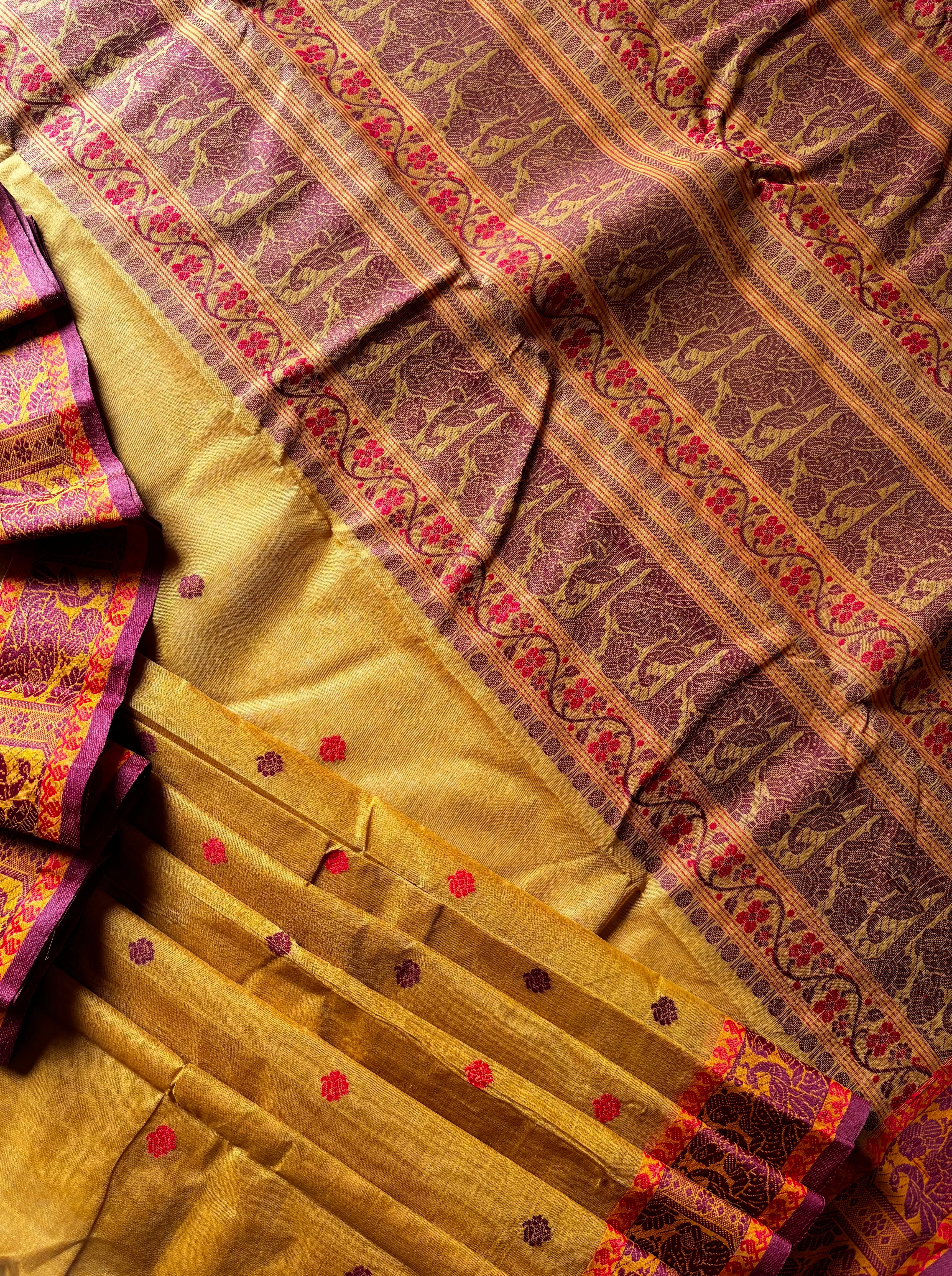 Handwoven Mustard Yellow Cotton Baluchari Saree