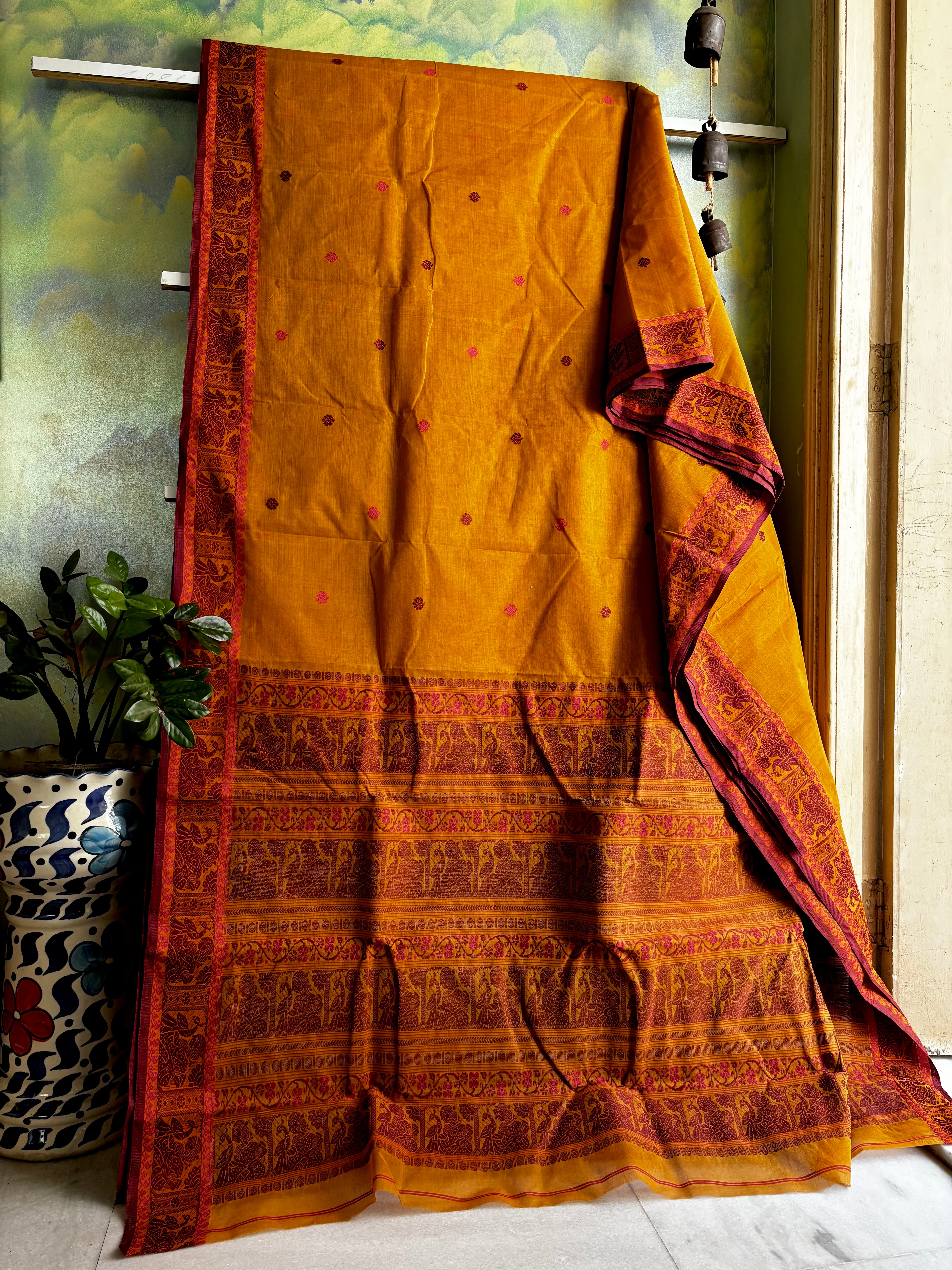 Handwoven Mustard Yellow Cotton Baluchari Saree