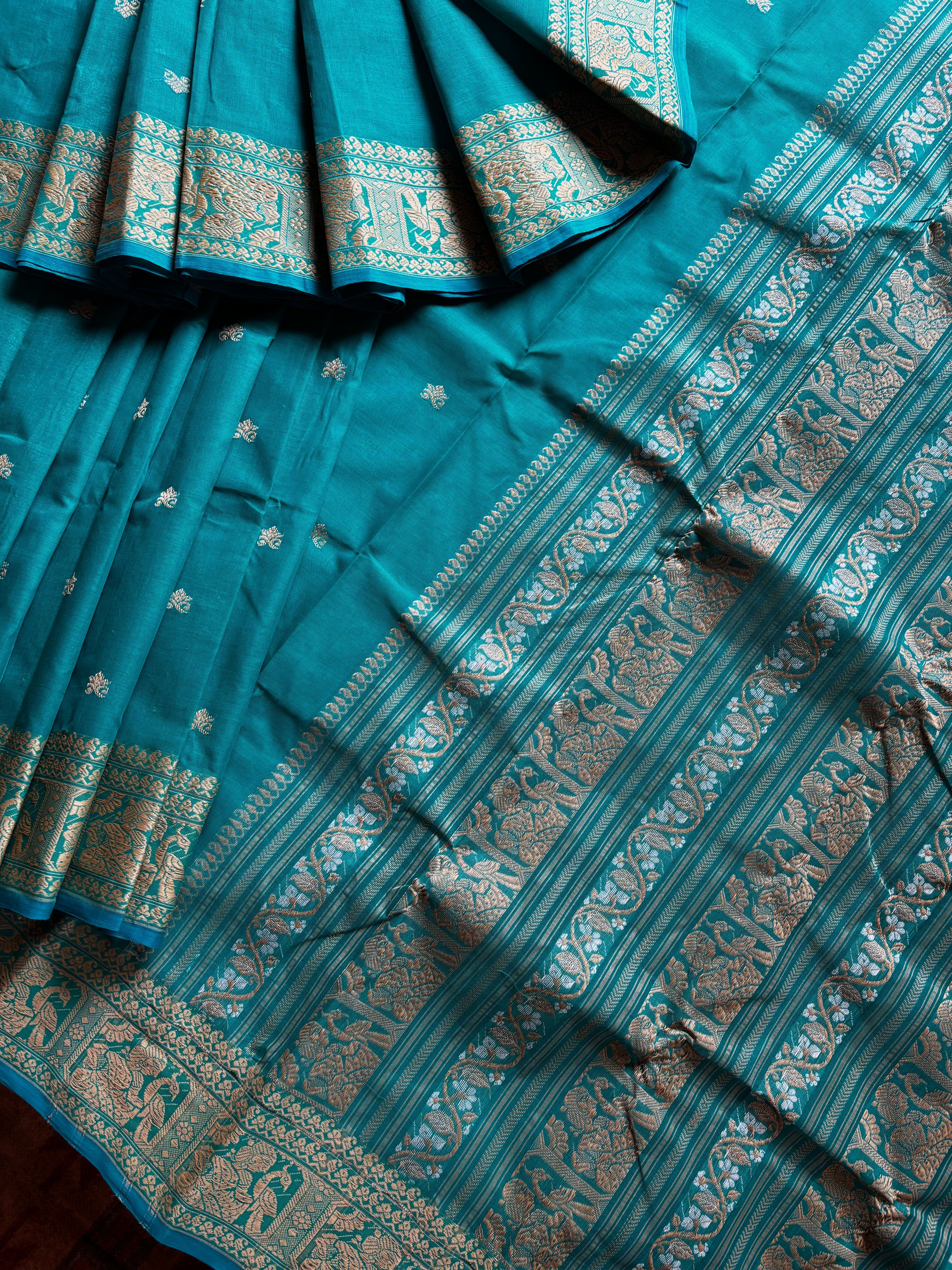 Handwoven Dark Aqua Blue Cotton Baluchari Saree