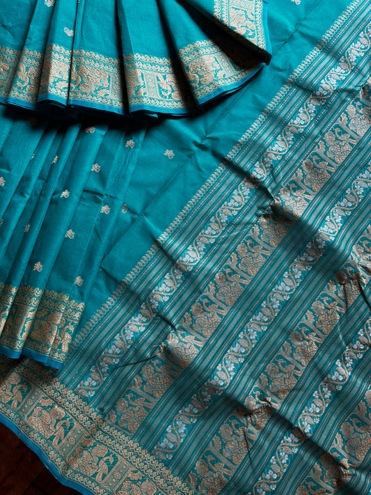 Handwoven Dark Aqua Blue Cotton Baluchari Saree