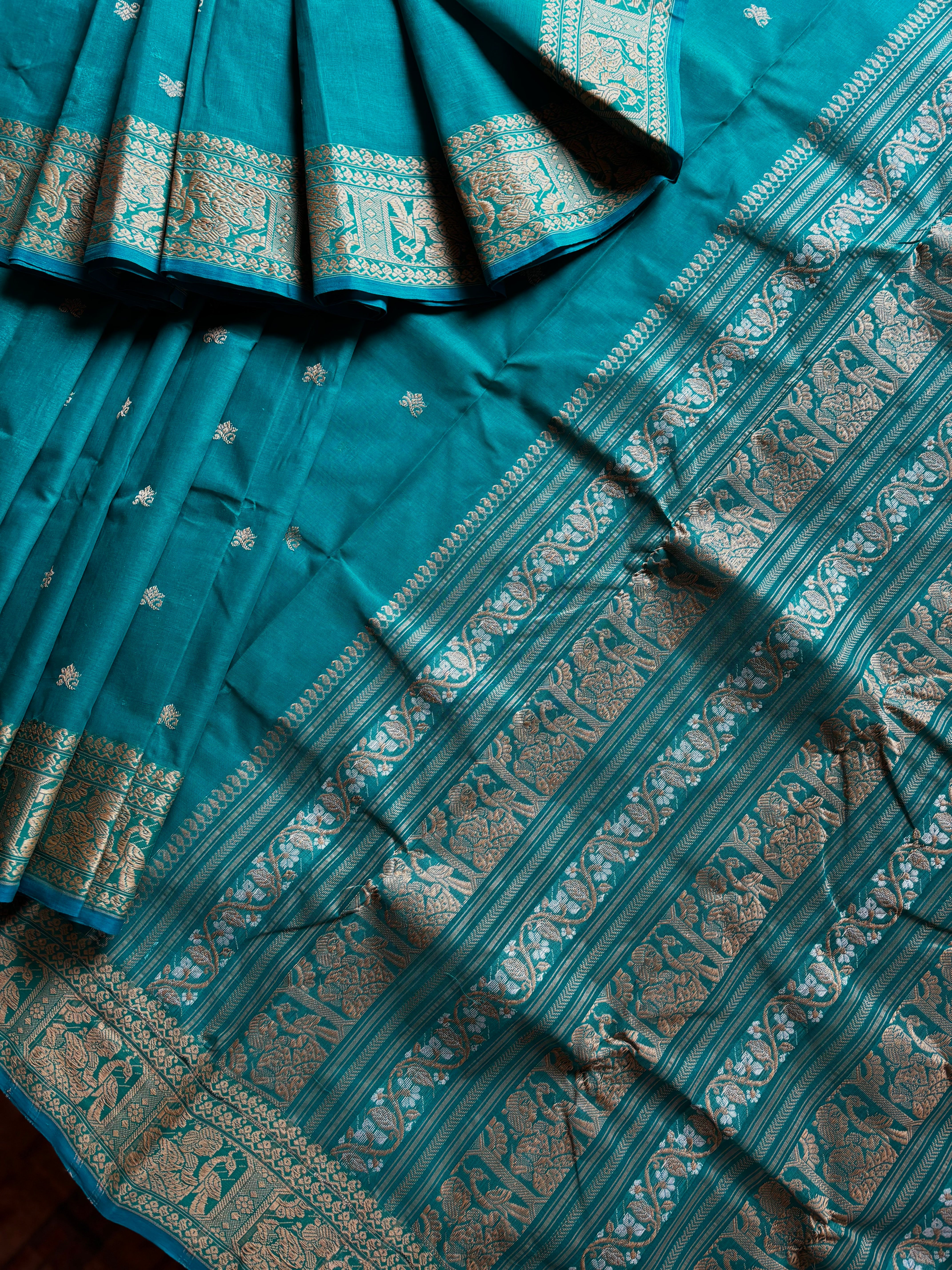 Handwoven Dark Aqua Blue Cotton Baluchari Saree