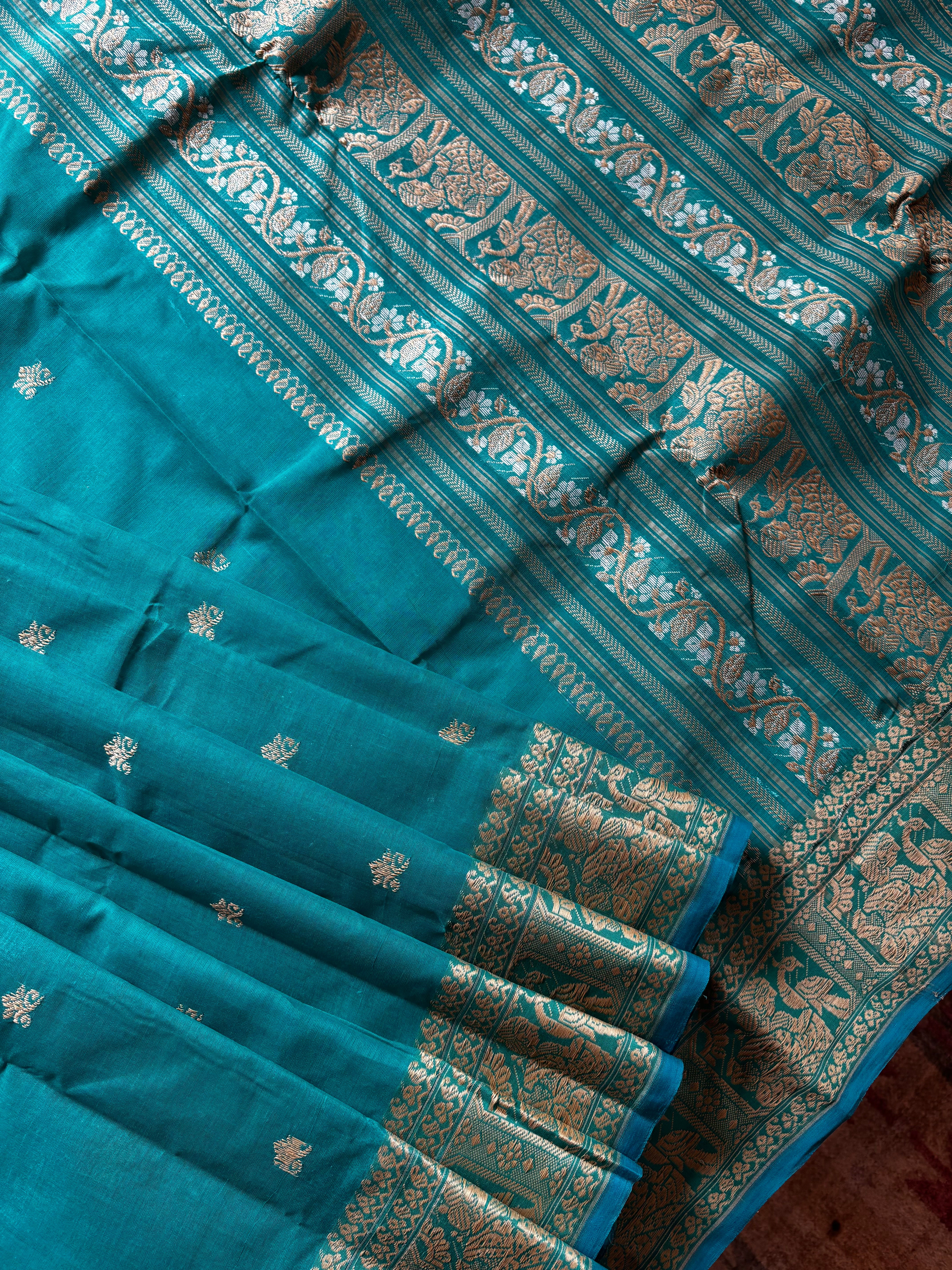 Handwoven Dark Aqua Blue Cotton Baluchari Saree