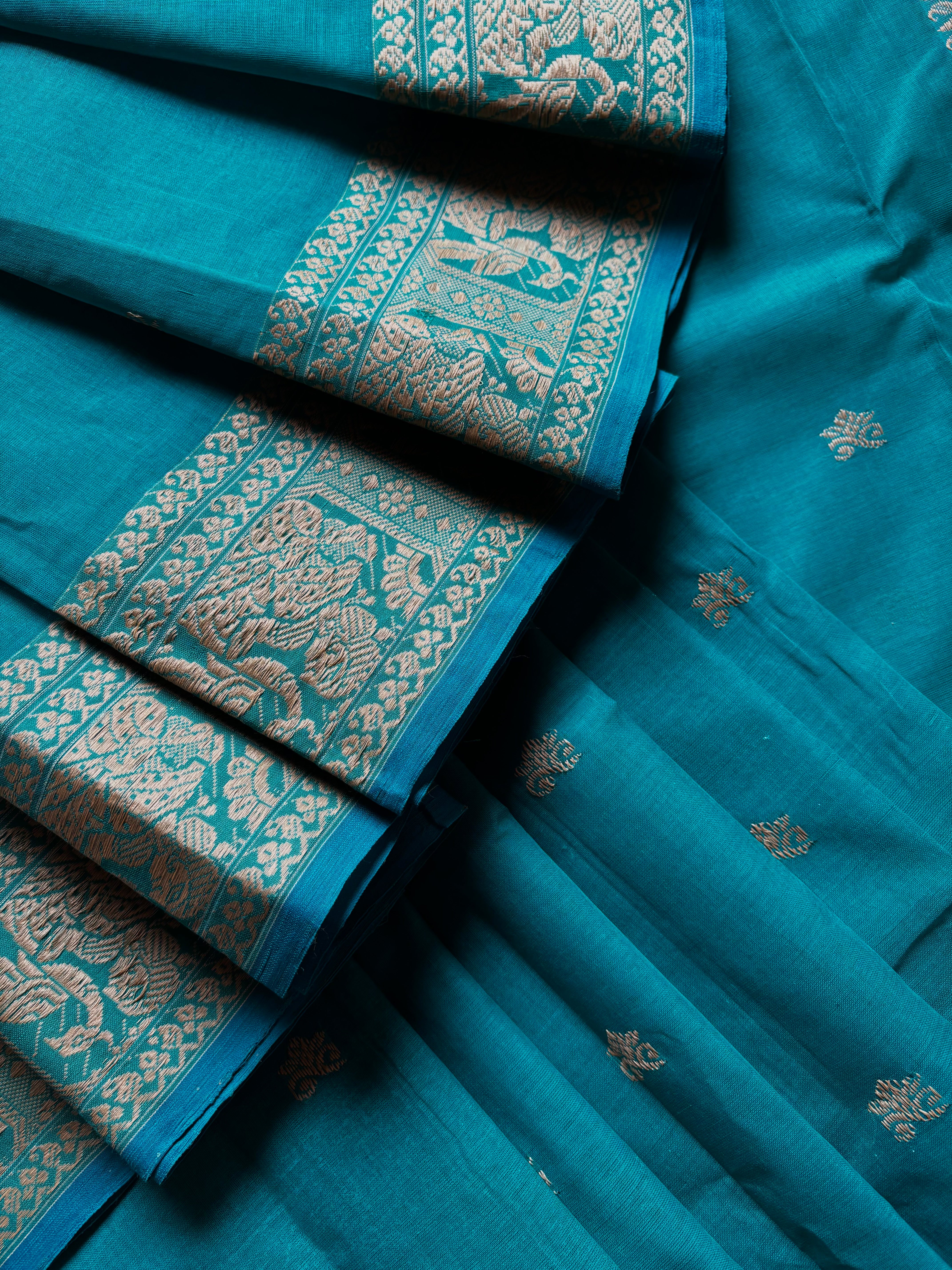 Handwoven Dark Aqua Blue Cotton Baluchari Saree