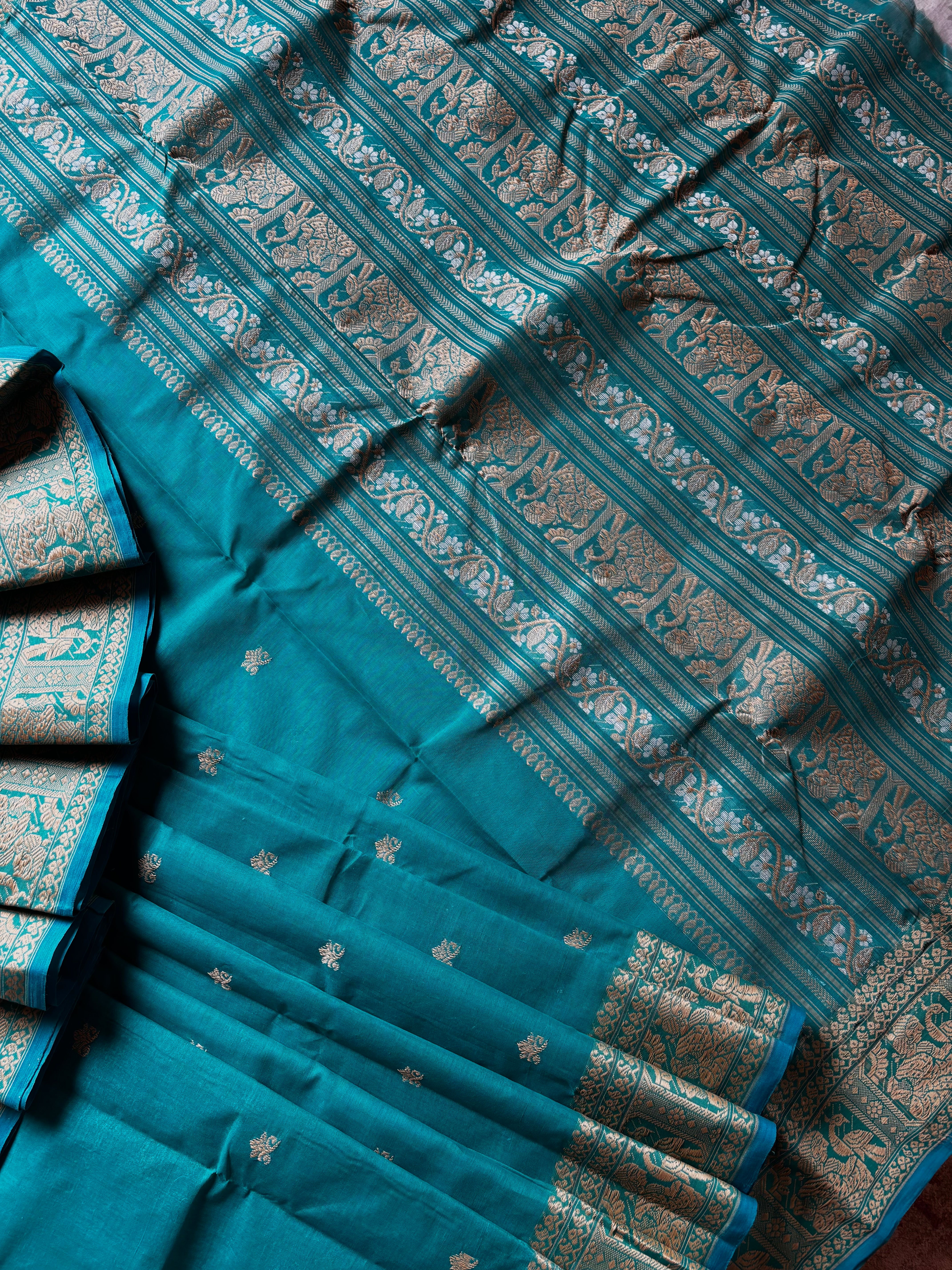 Handwoven Dark Aqua Blue Cotton Baluchari Saree