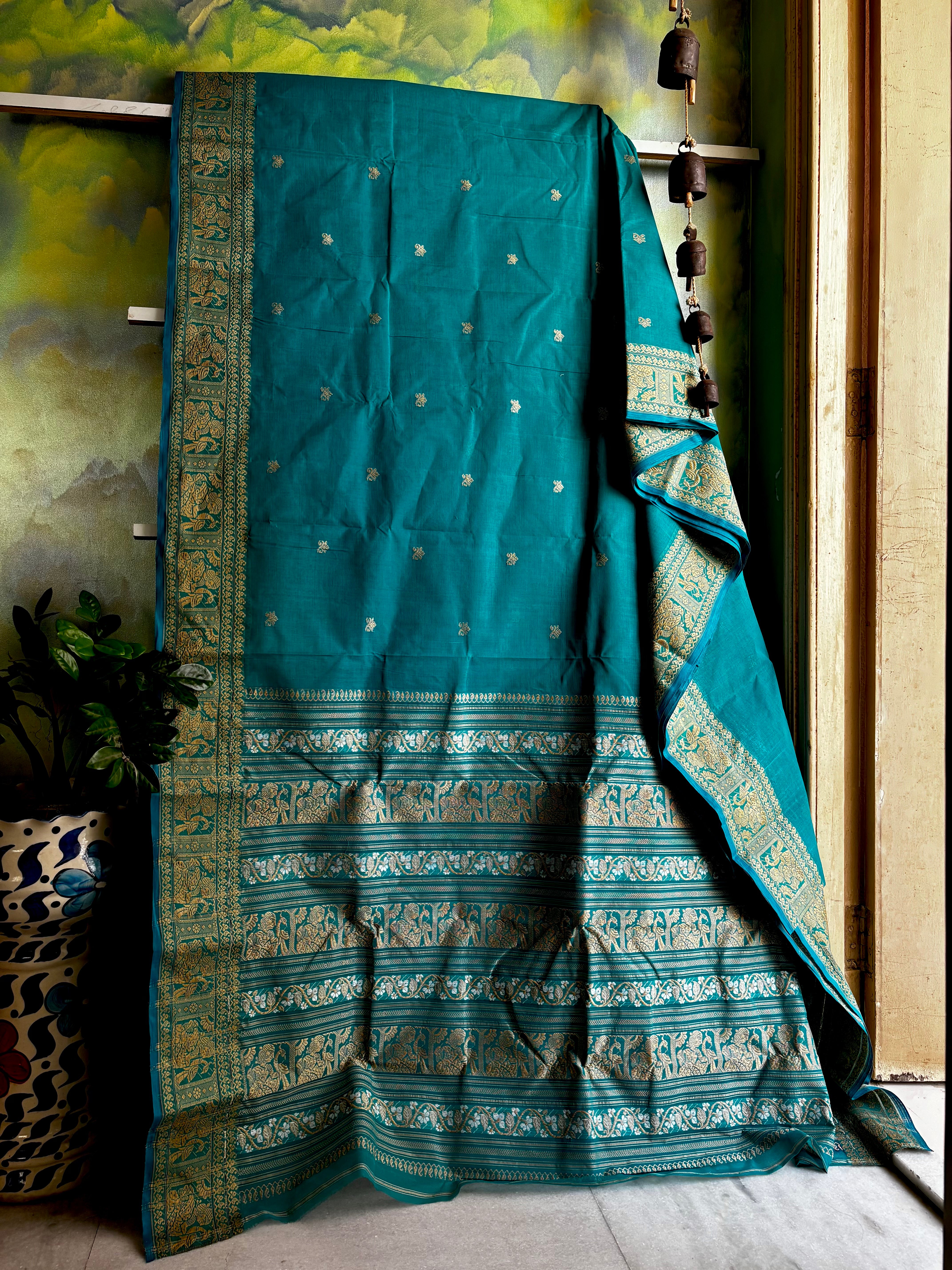 Handwoven Dark Aqua Blue Cotton Baluchari Saree