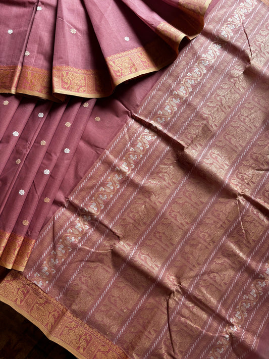 Handwoven Dusty Pink Cotton Baluchari Saree