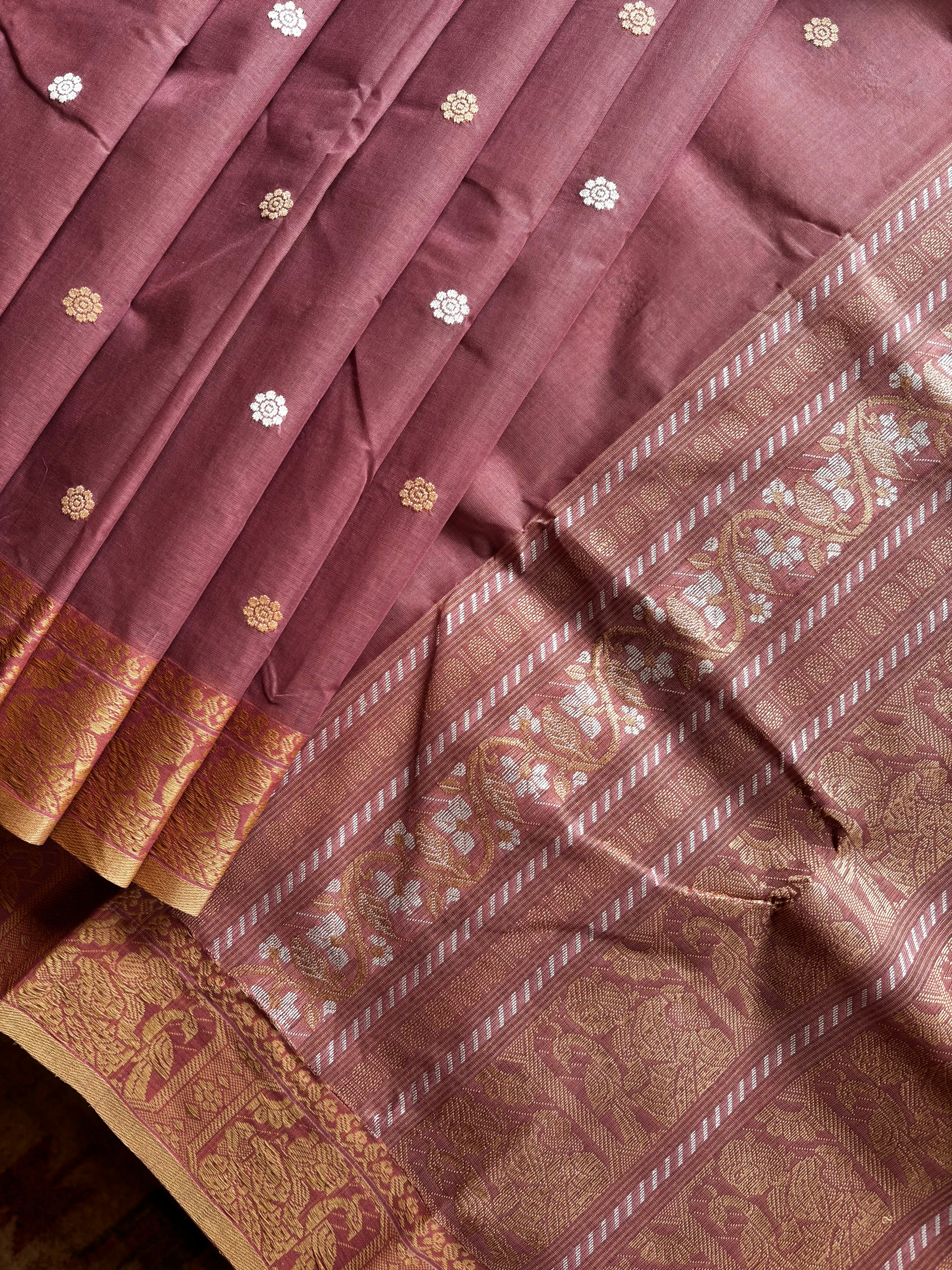 Handwoven Dusty Pink Cotton Baluchari Saree