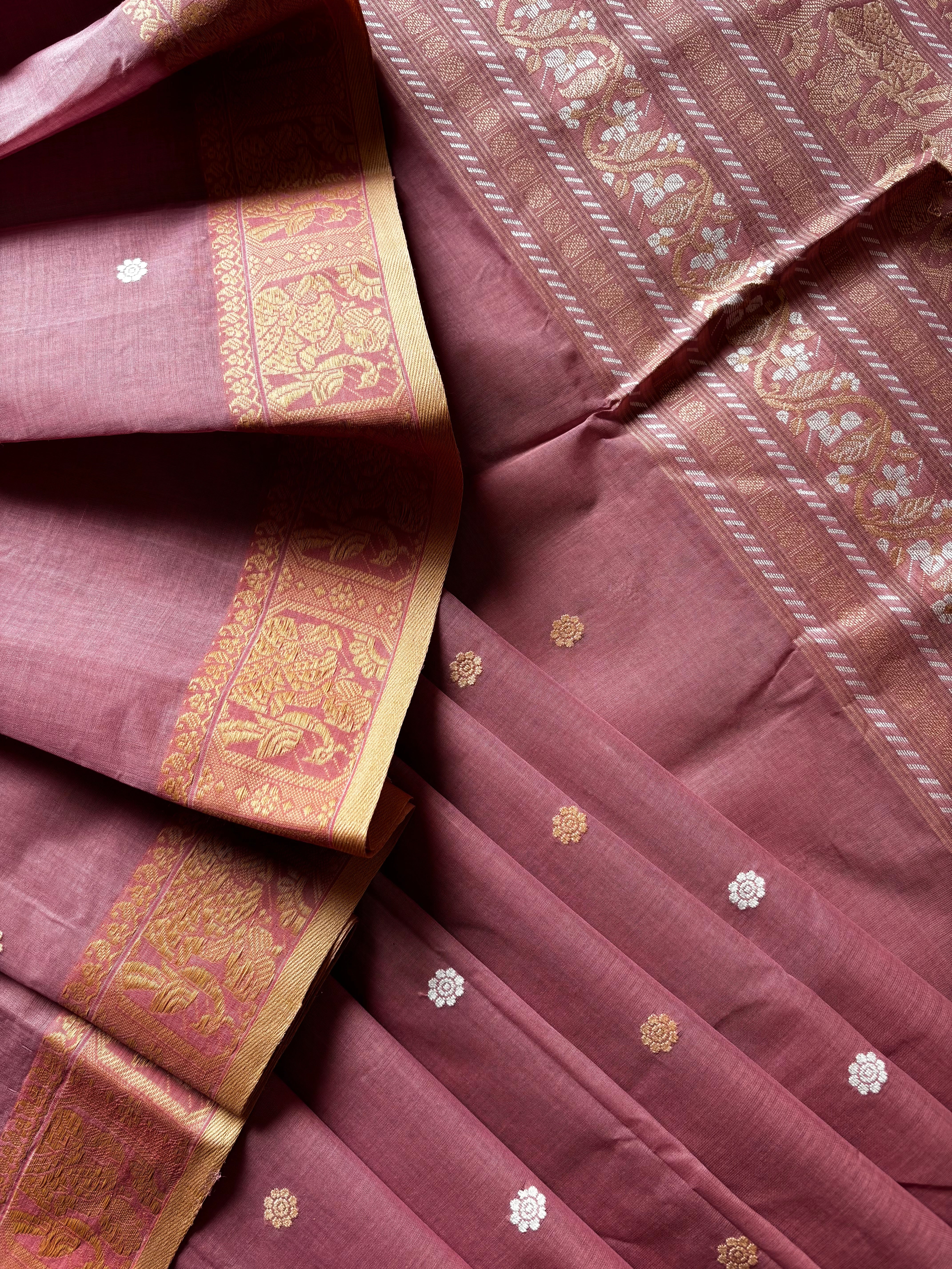 Handwoven Dusty Pink Cotton Baluchari Saree
