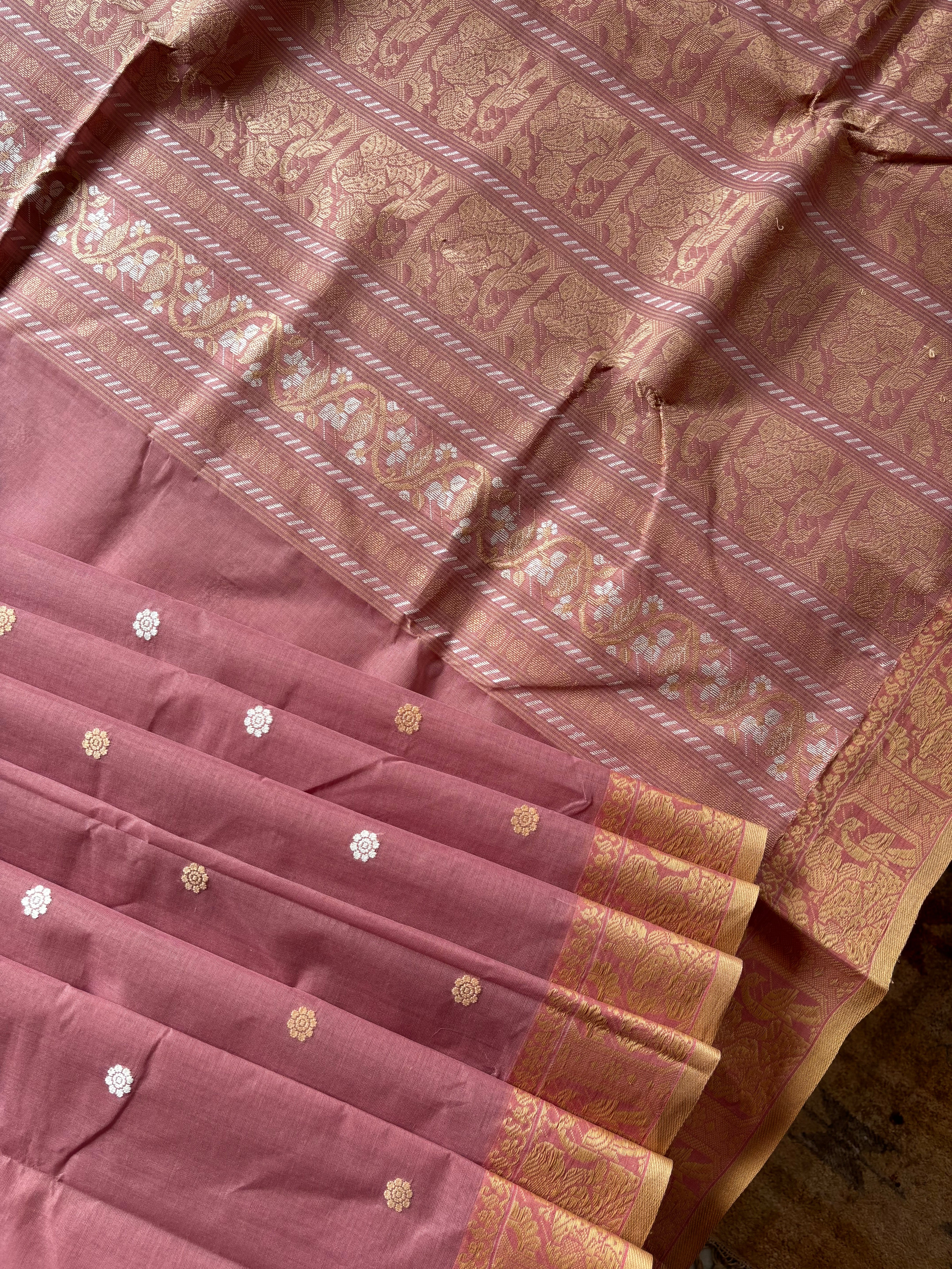 Handwoven Dusty Pink Cotton Baluchari Saree