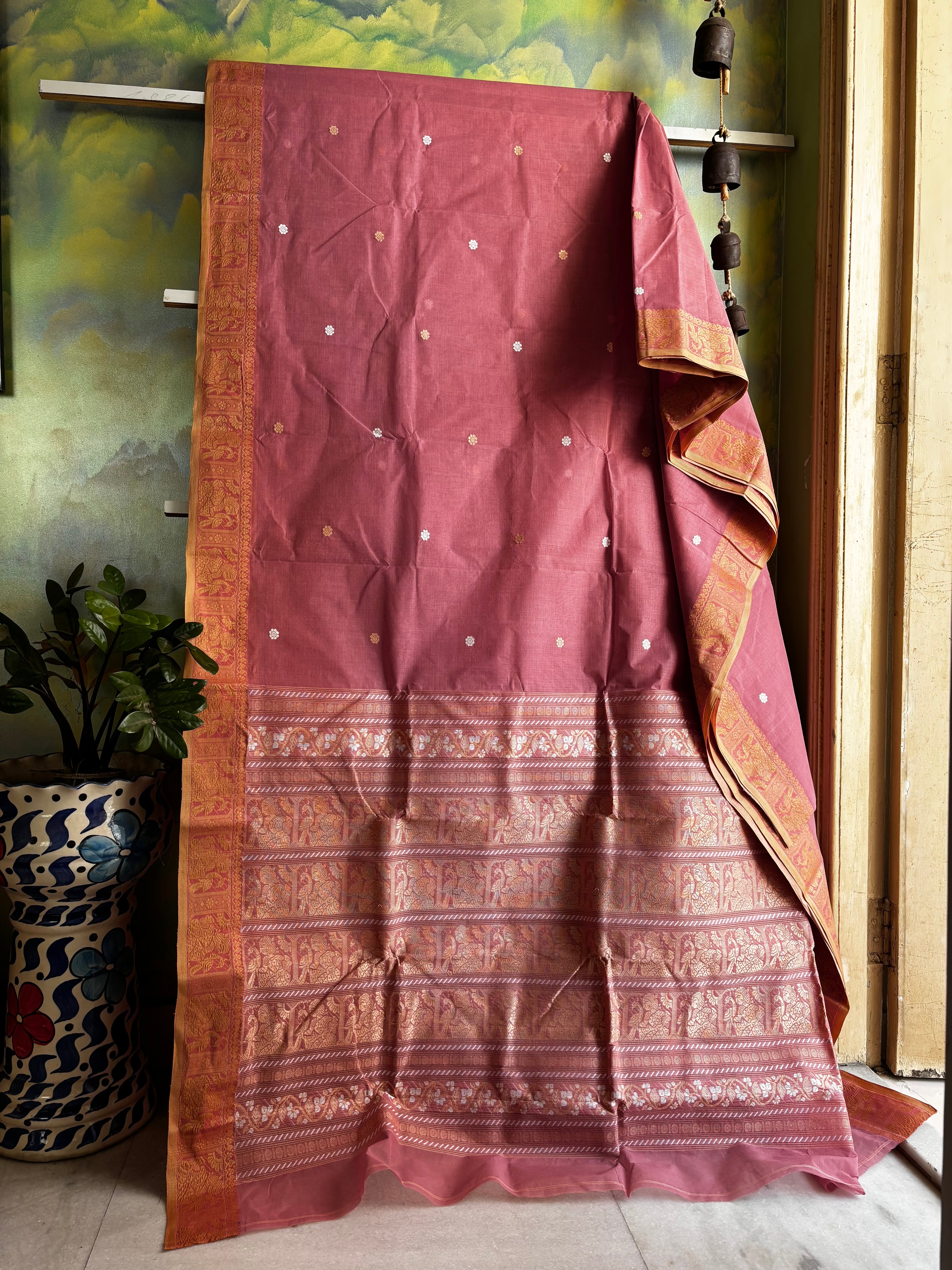 Handwoven Dusty Pink Cotton Baluchari Saree