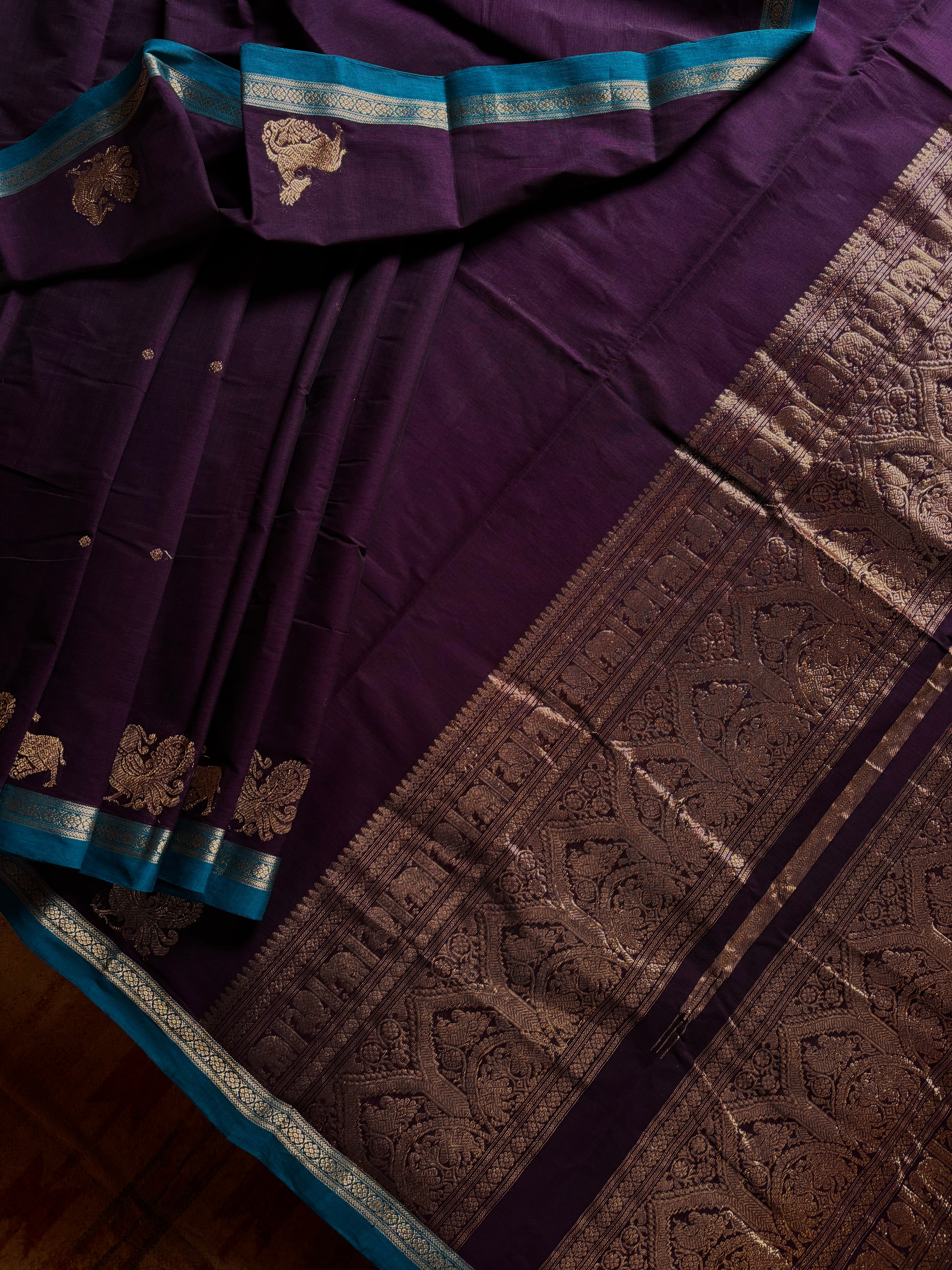 Handwoven Plum Colour Cotton Kanchipuram Saree