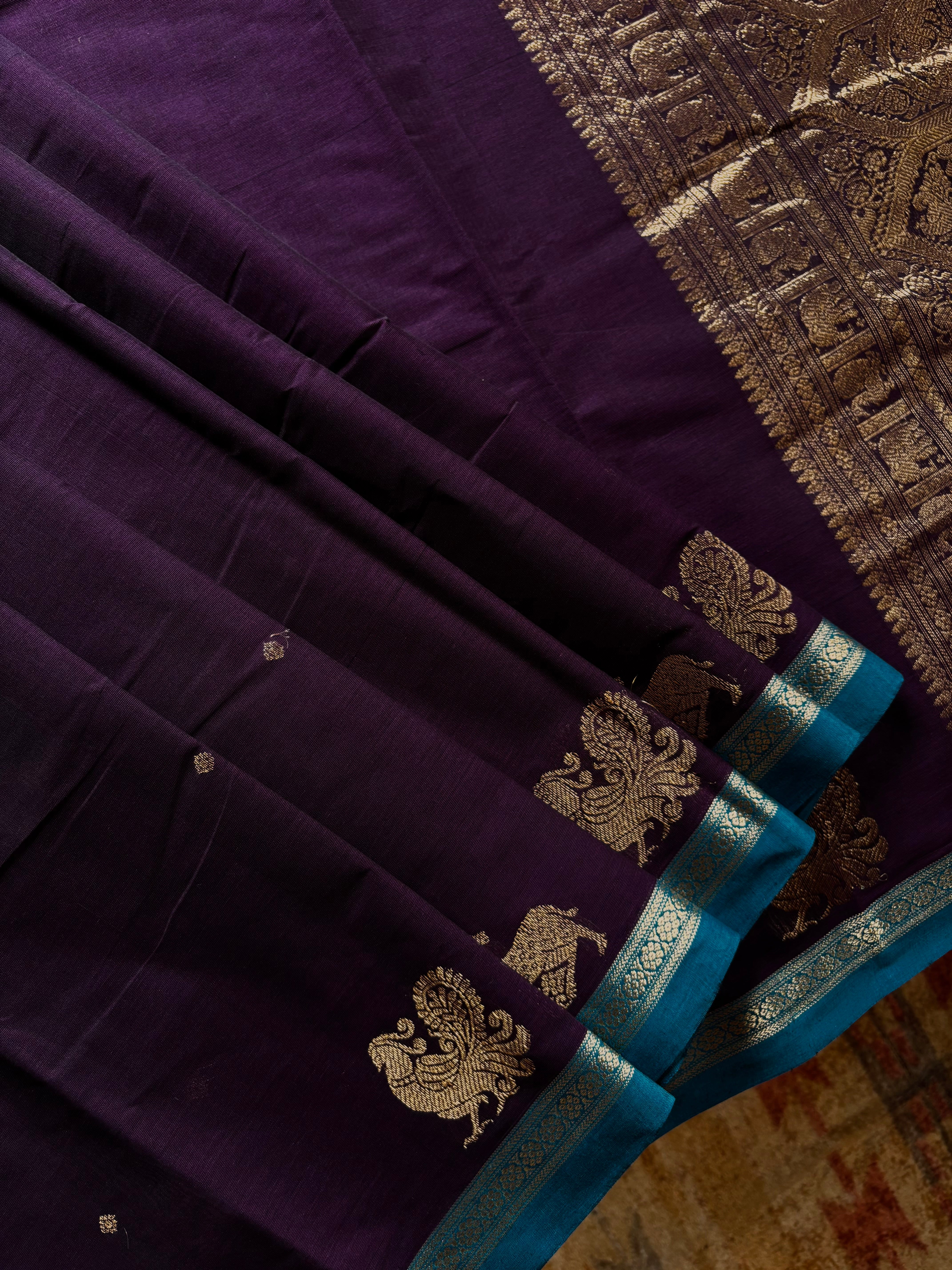 Handwoven Plum Colour Cotton Kanchipuram Saree