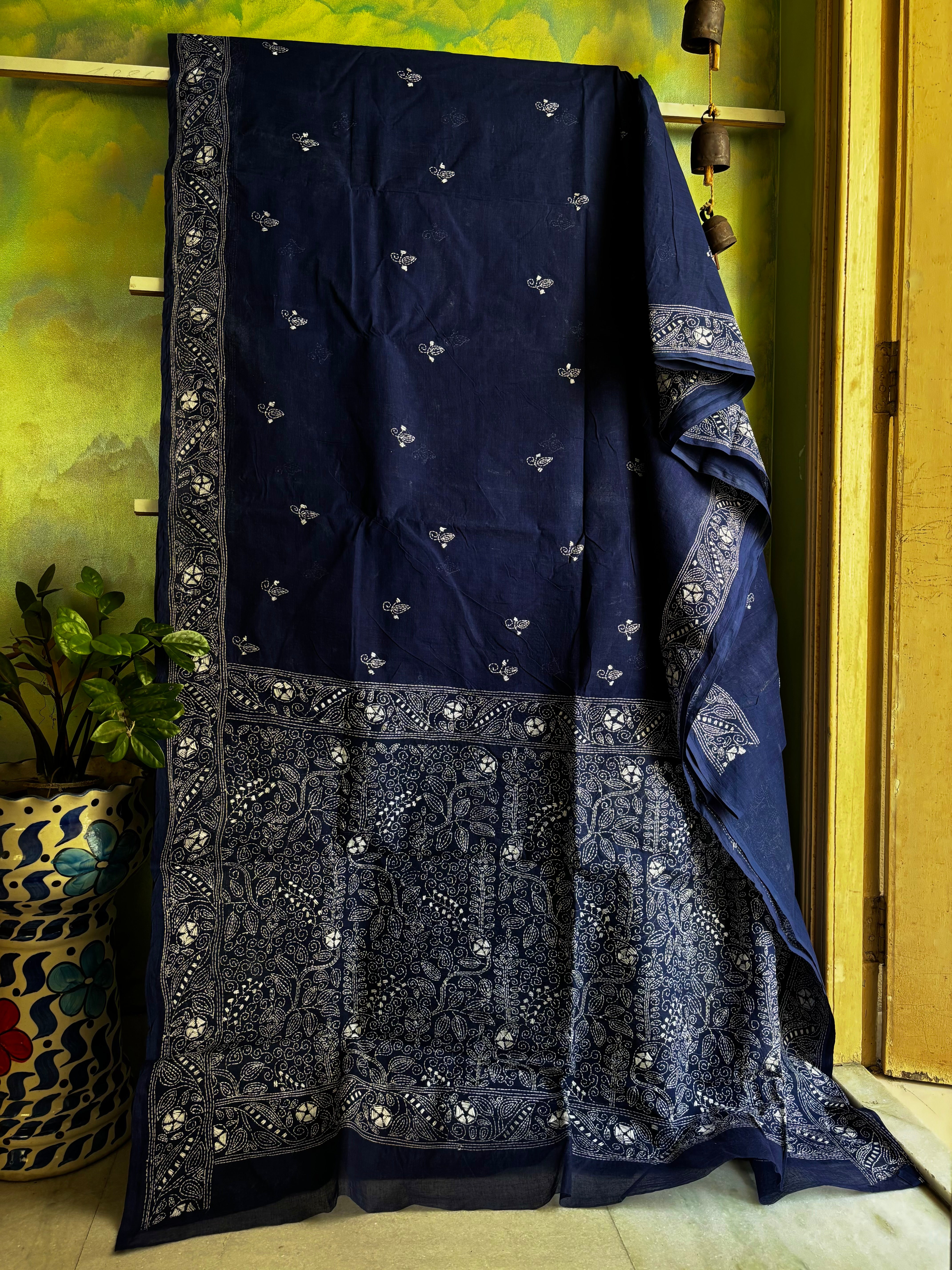 Handmade Dark Blue Cotton Kantha Saree