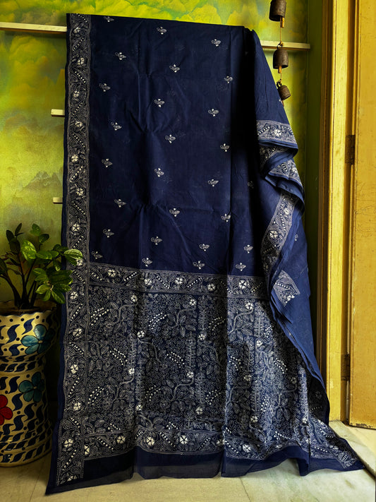 Handmade Dark Blue Cotton Kantha Saree