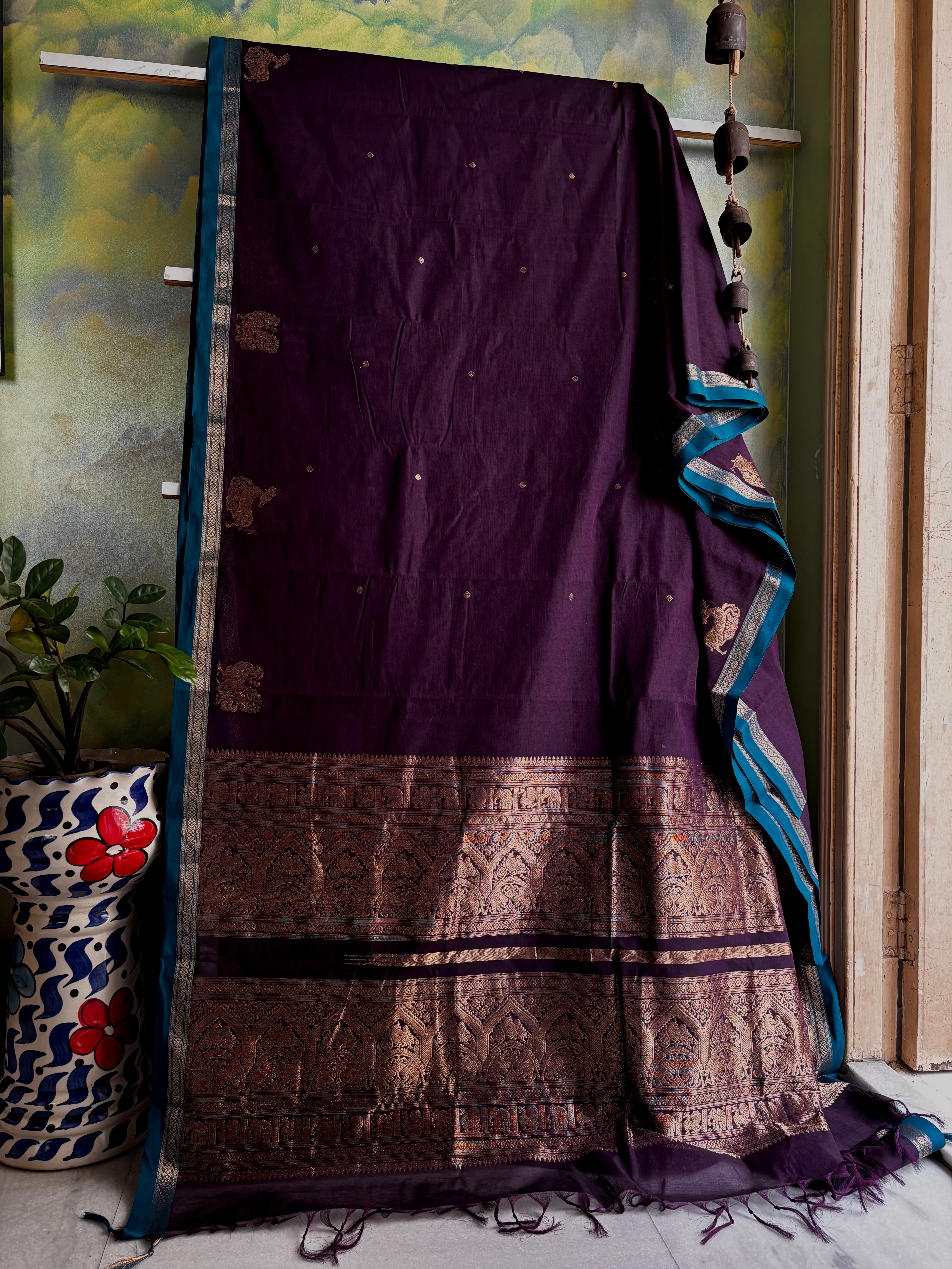 Handwoven Plum Colour Cotton Kanchipuram Saree