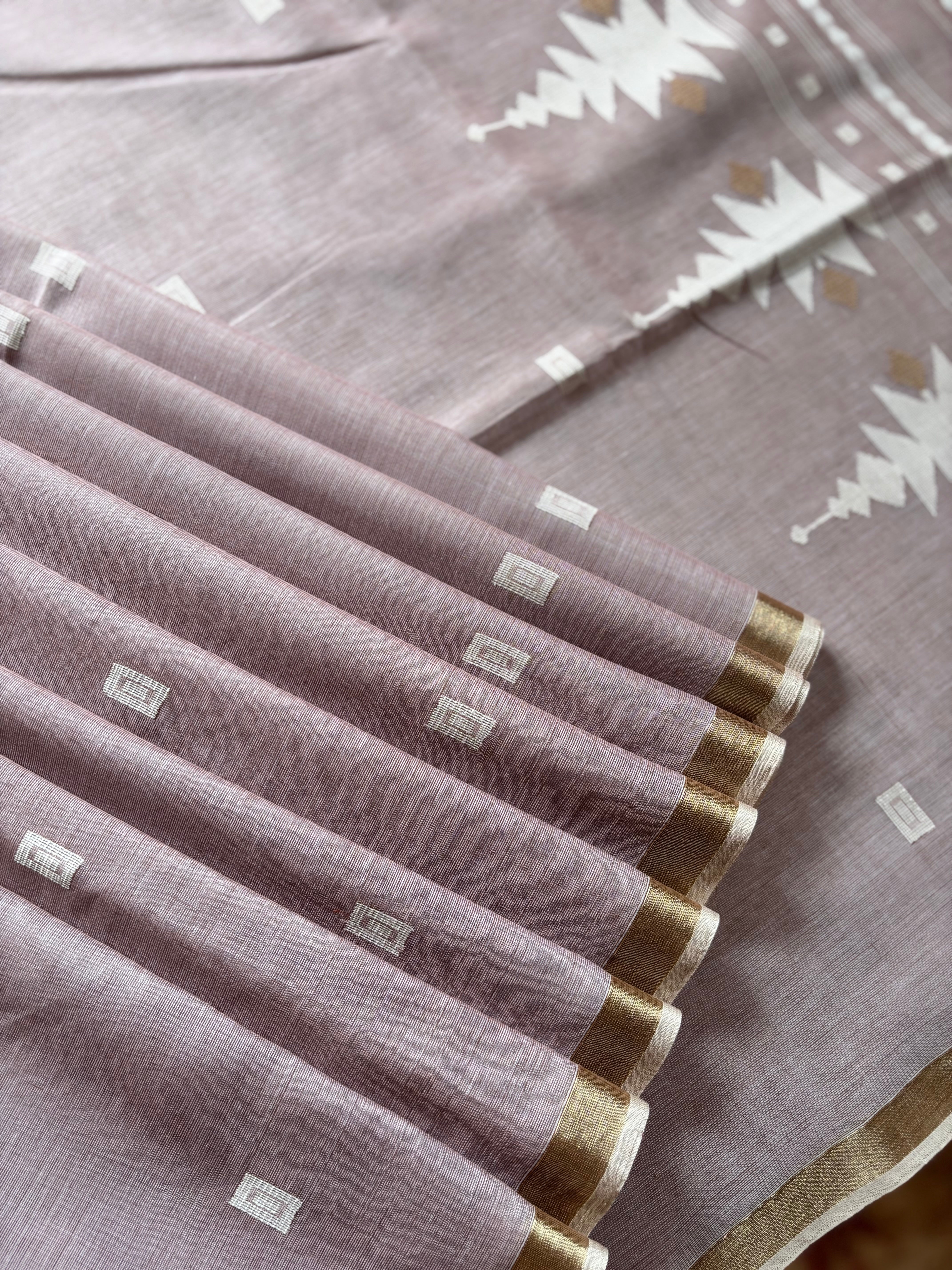 Handwoven Dusty Lavender Cotton Jamdani Saree