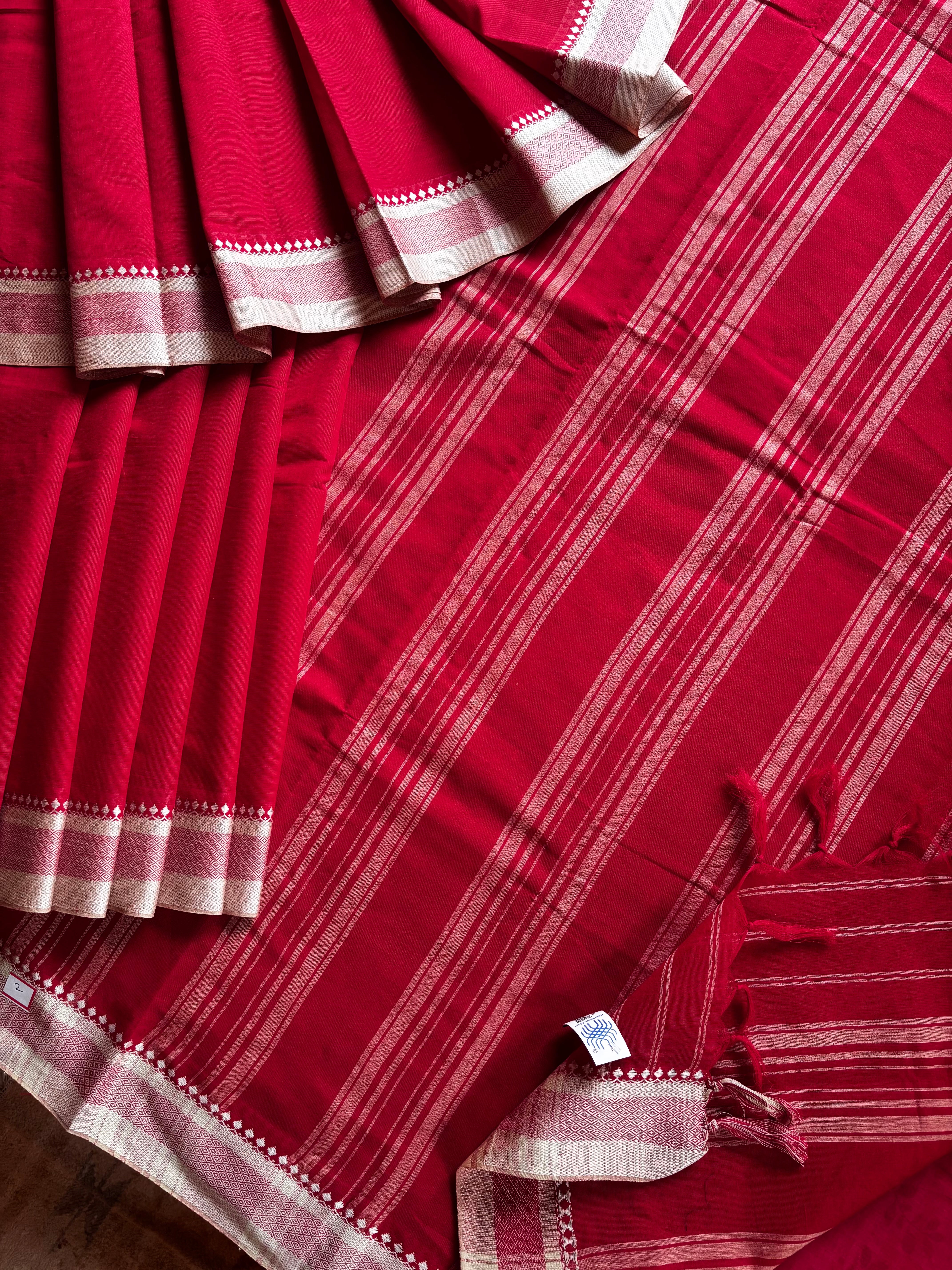 Handwoven Red White Begampuri Cotton Saree