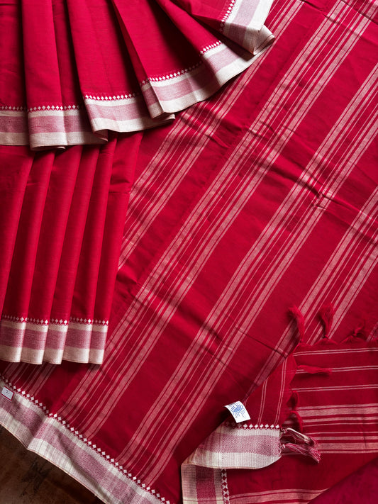Handwoven Red White Begampuri Cotton Saree
