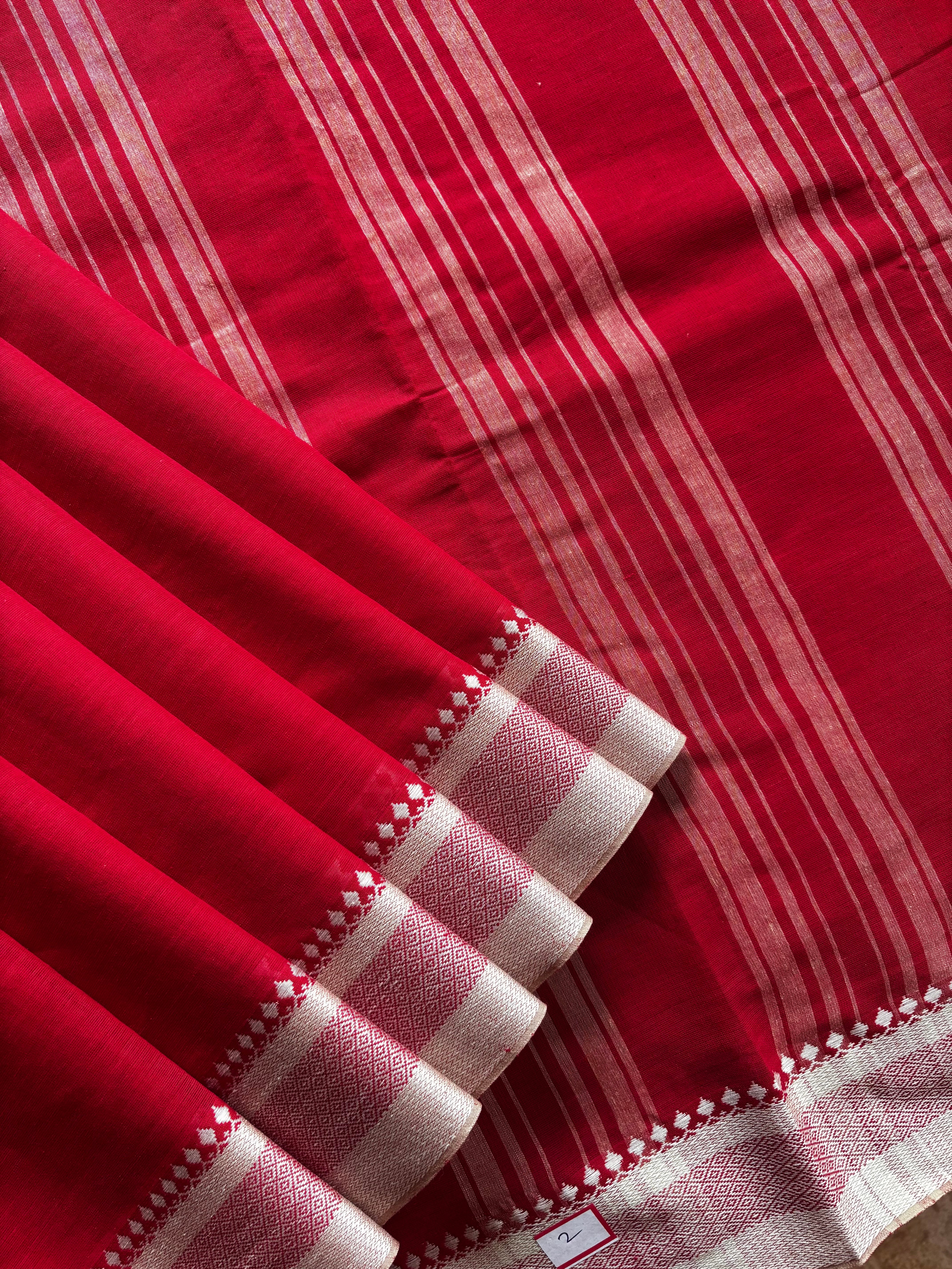 Handwoven Red White Begampuri Cotton Saree