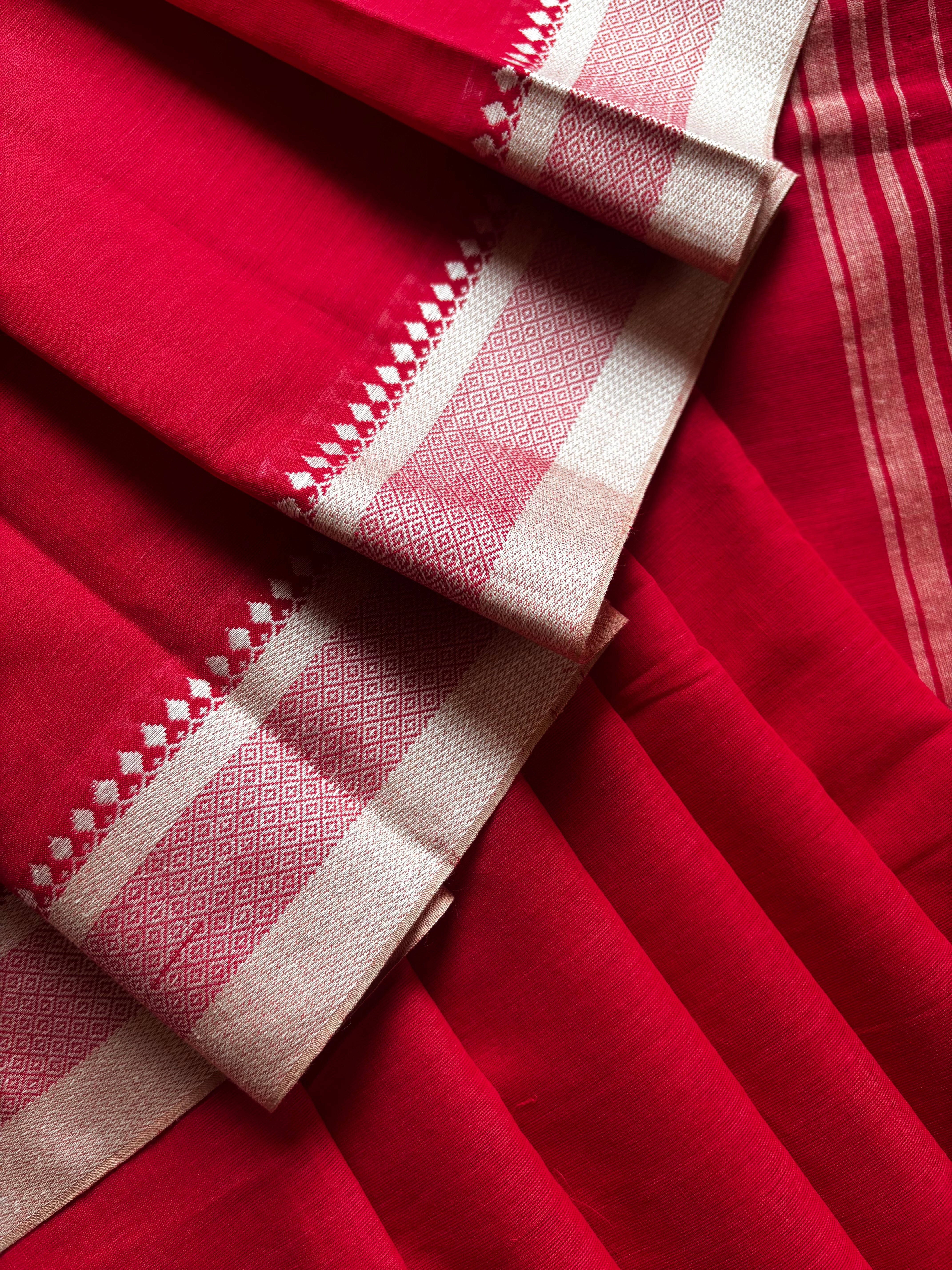 Handwoven Red White Begampuri Cotton Saree