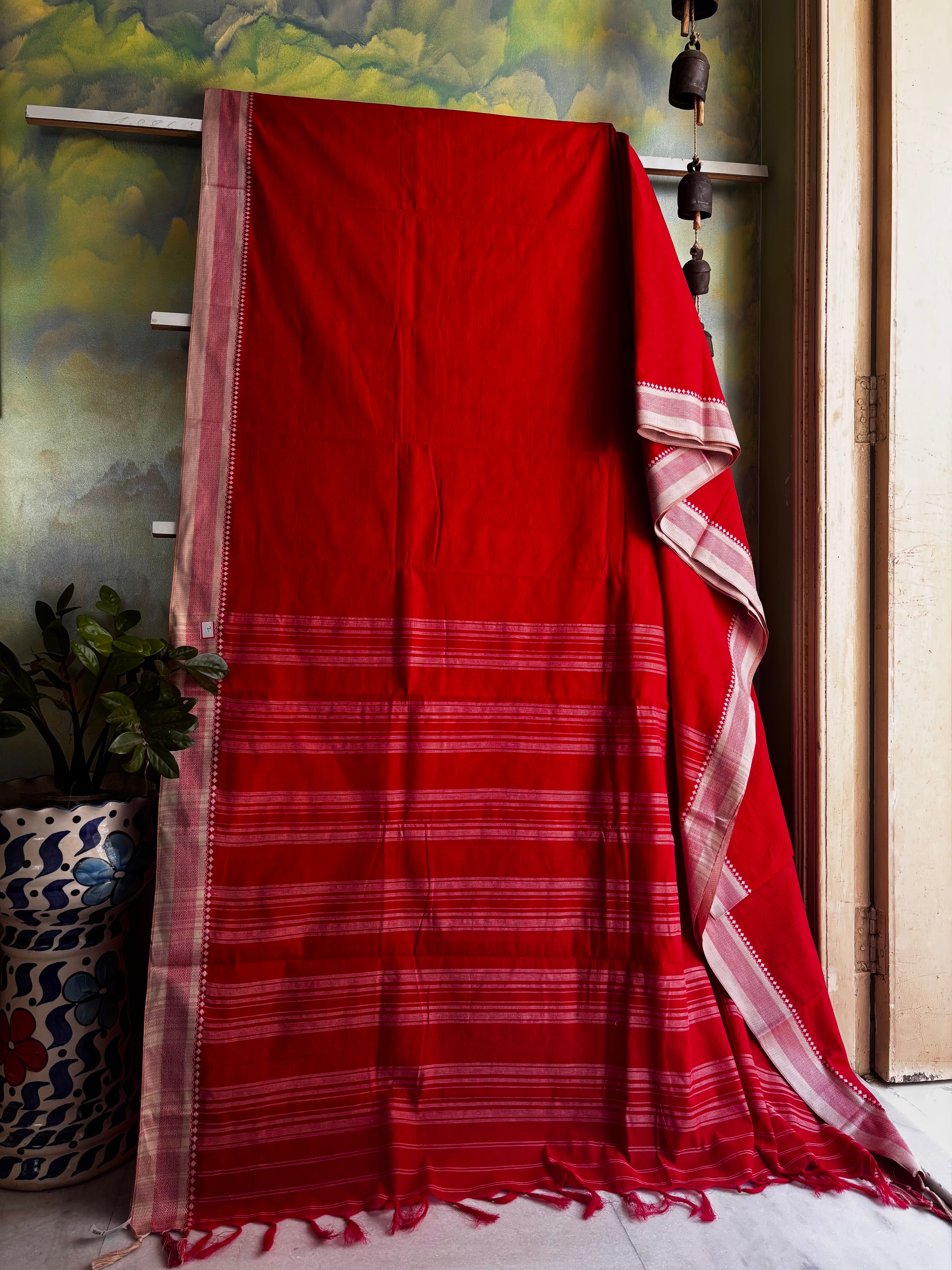 Handwoven Red White Begampuri Cotton Saree