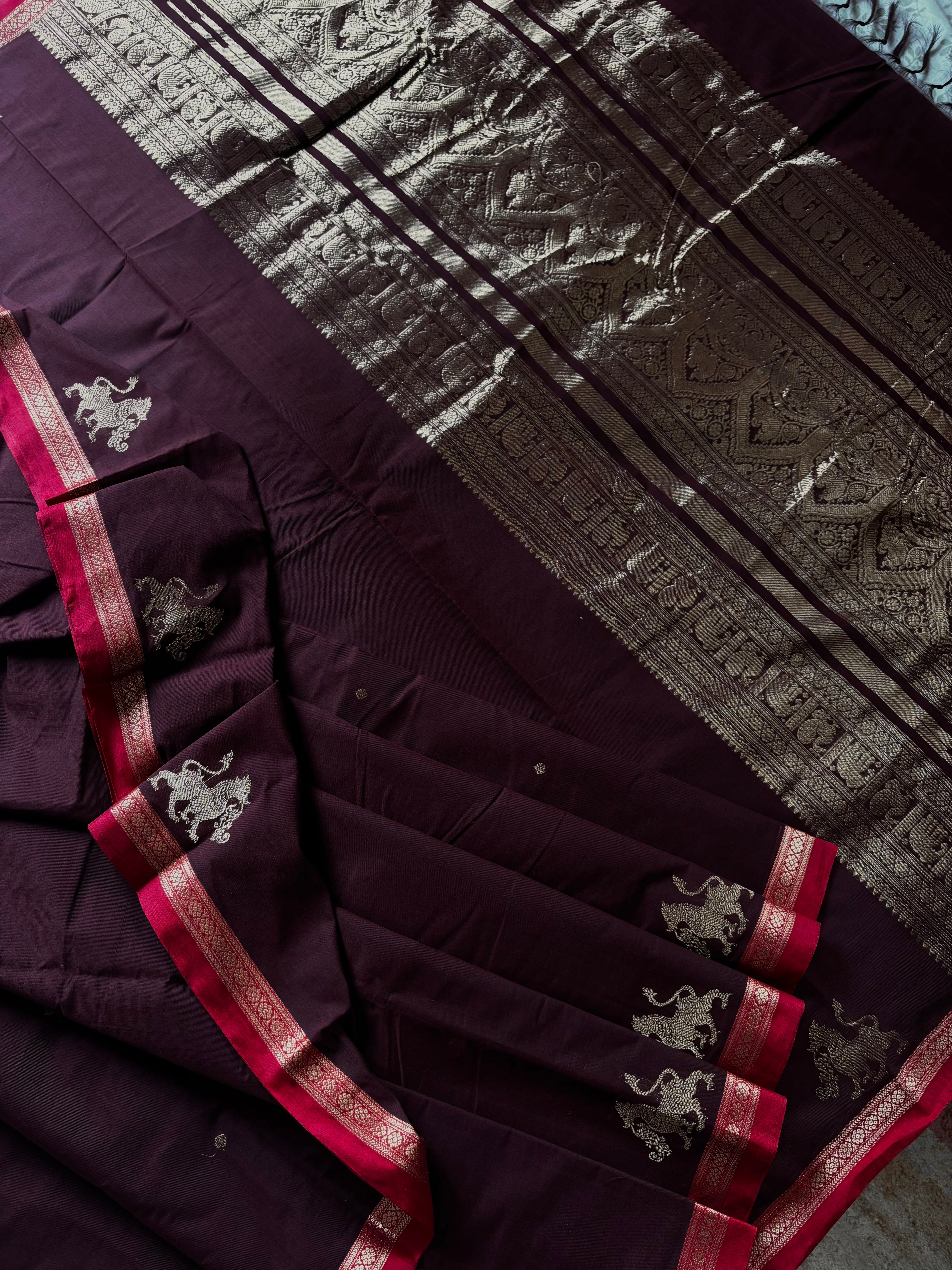 Handwoven Garnet Colour Cotton Kanchipuram Saree
