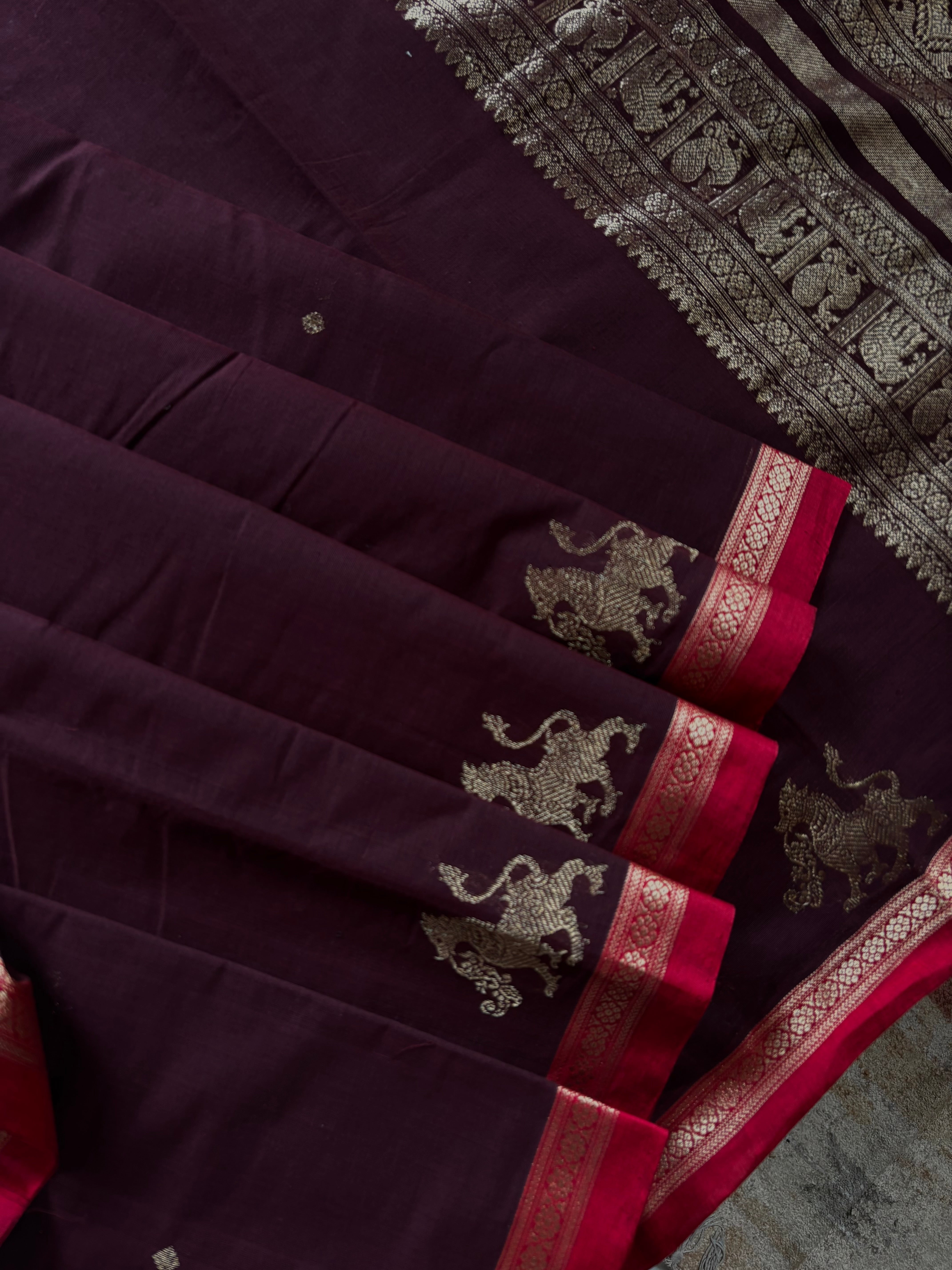 Handwoven Garnet Colour Cotton Kanchipuram Saree