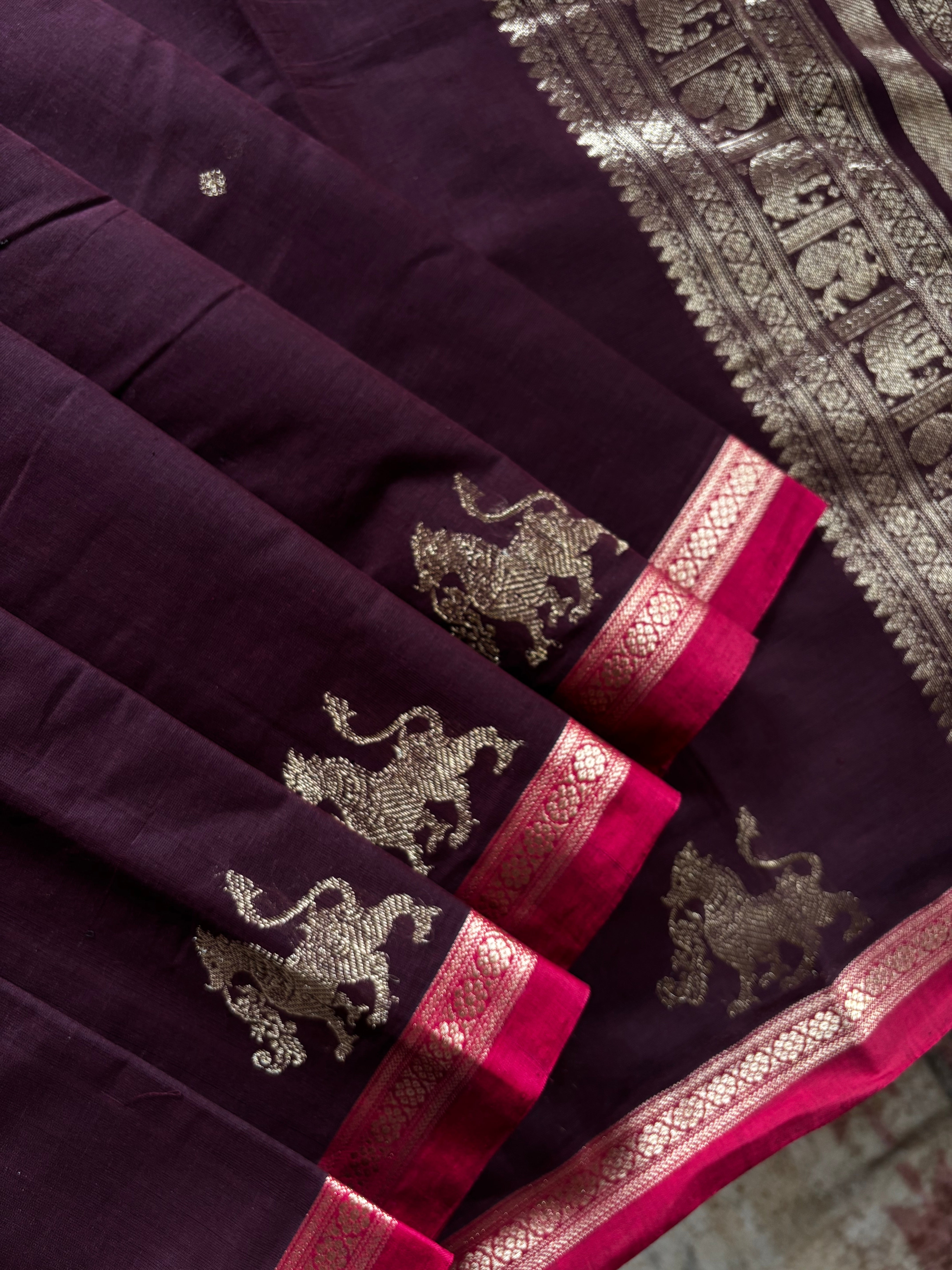 Handwoven Garnet Colour Cotton Kanchipuram Saree