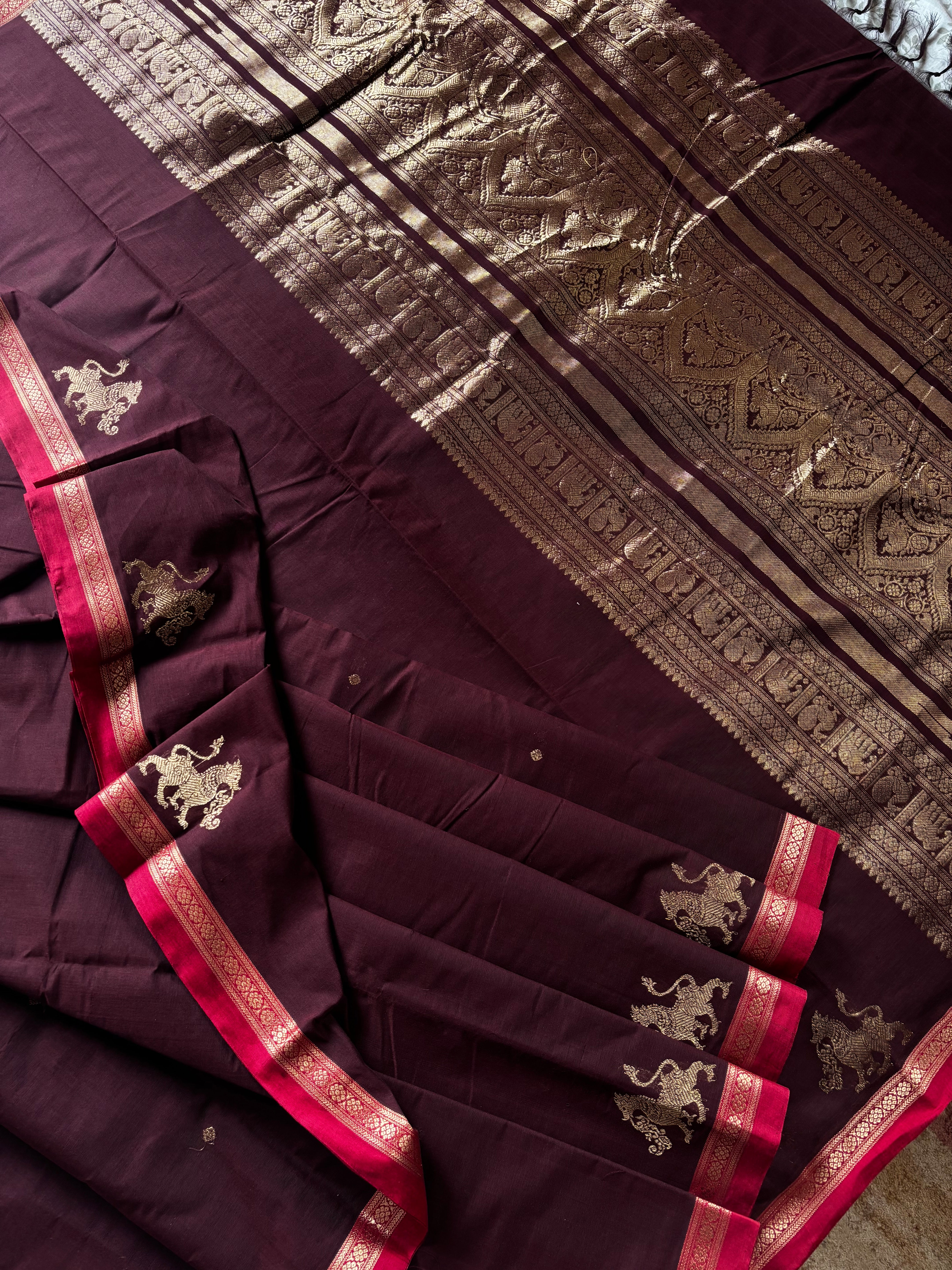 Handwoven Garnet Colour Cotton Kanchipuram Saree