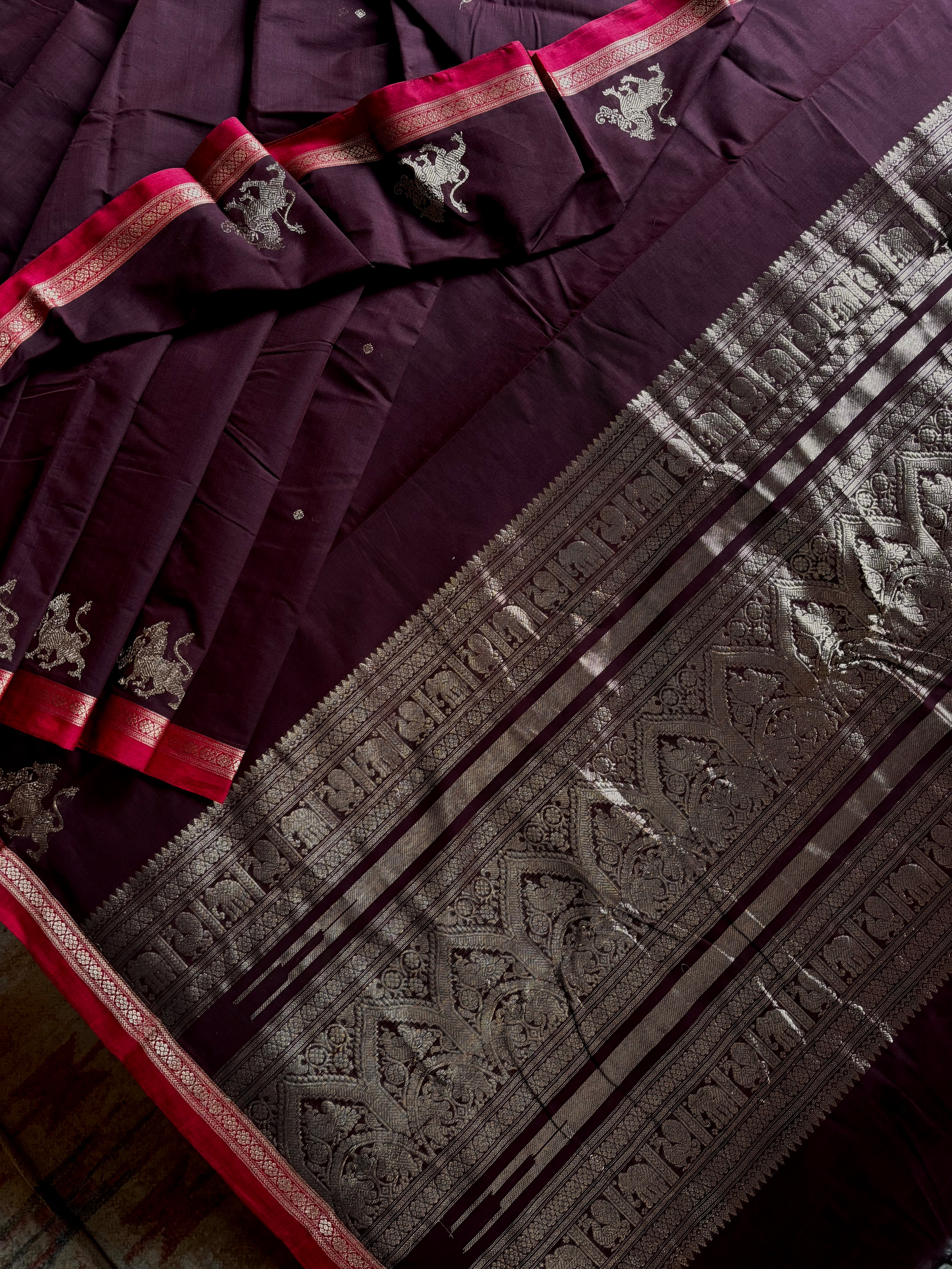 Handwoven Garnet Colour Cotton Kanchipuram Saree