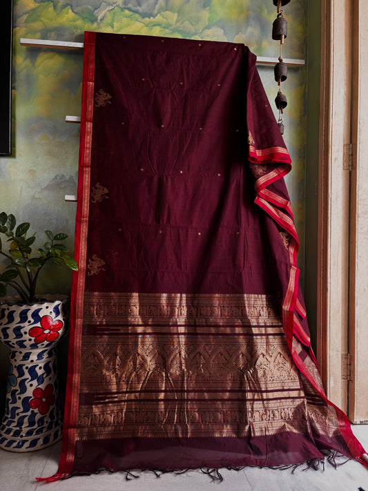Handwoven Garnet Colour Cotton Kanchipuram Saree