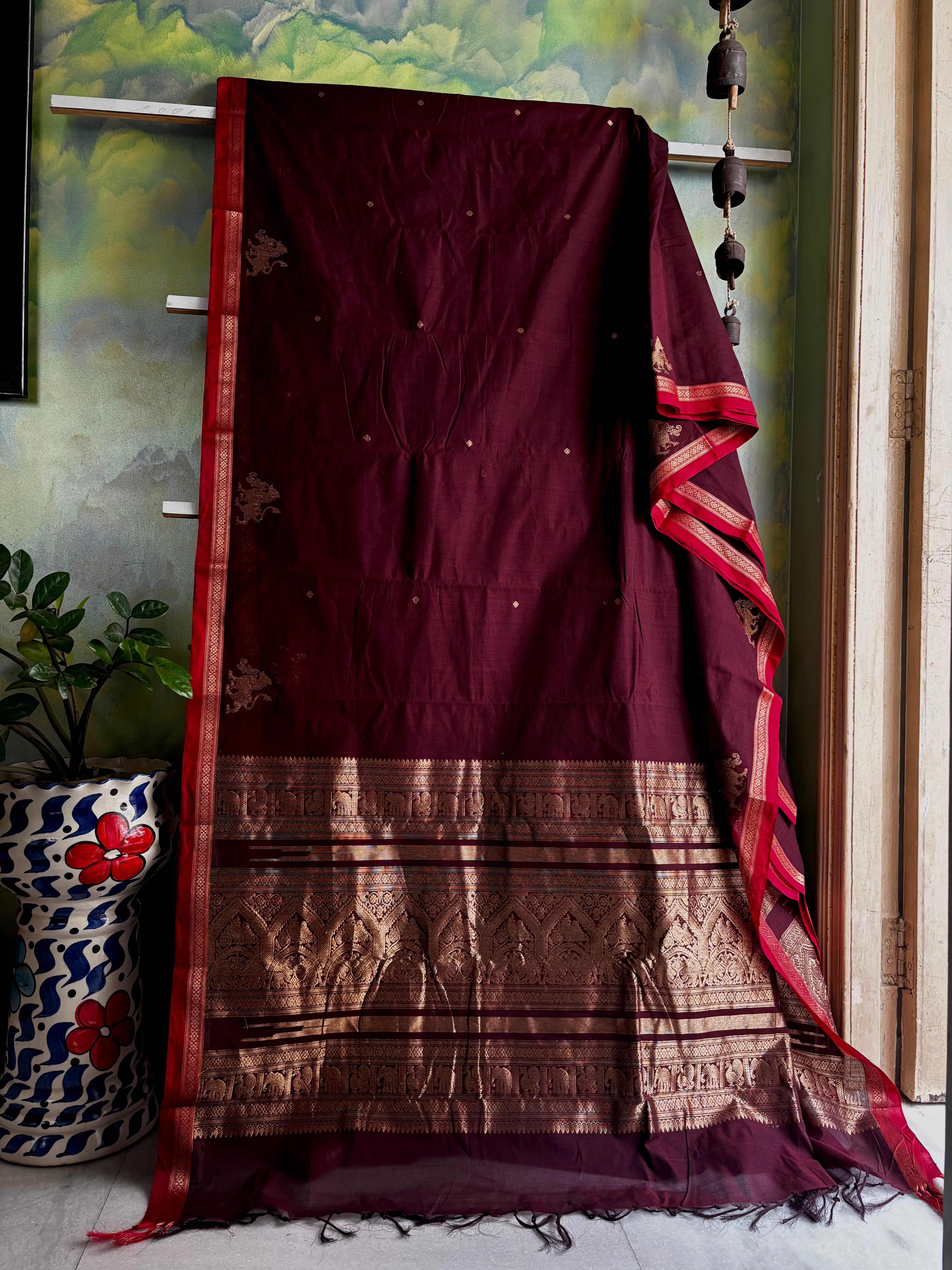 Handwoven Garnet Colour Cotton Kanchipuram Saree