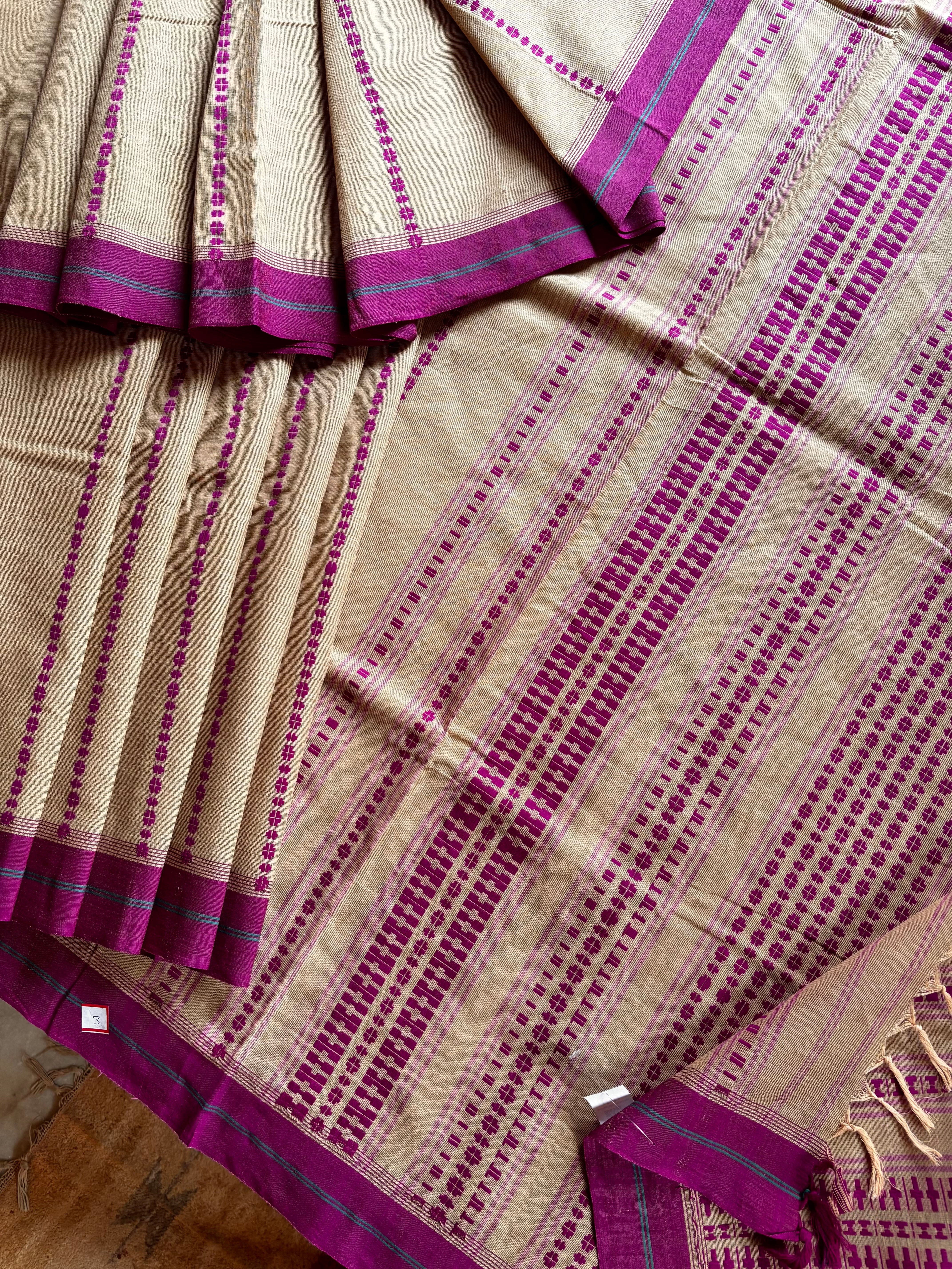 Handwoven Beige Purple Begampuri Cotton Saree