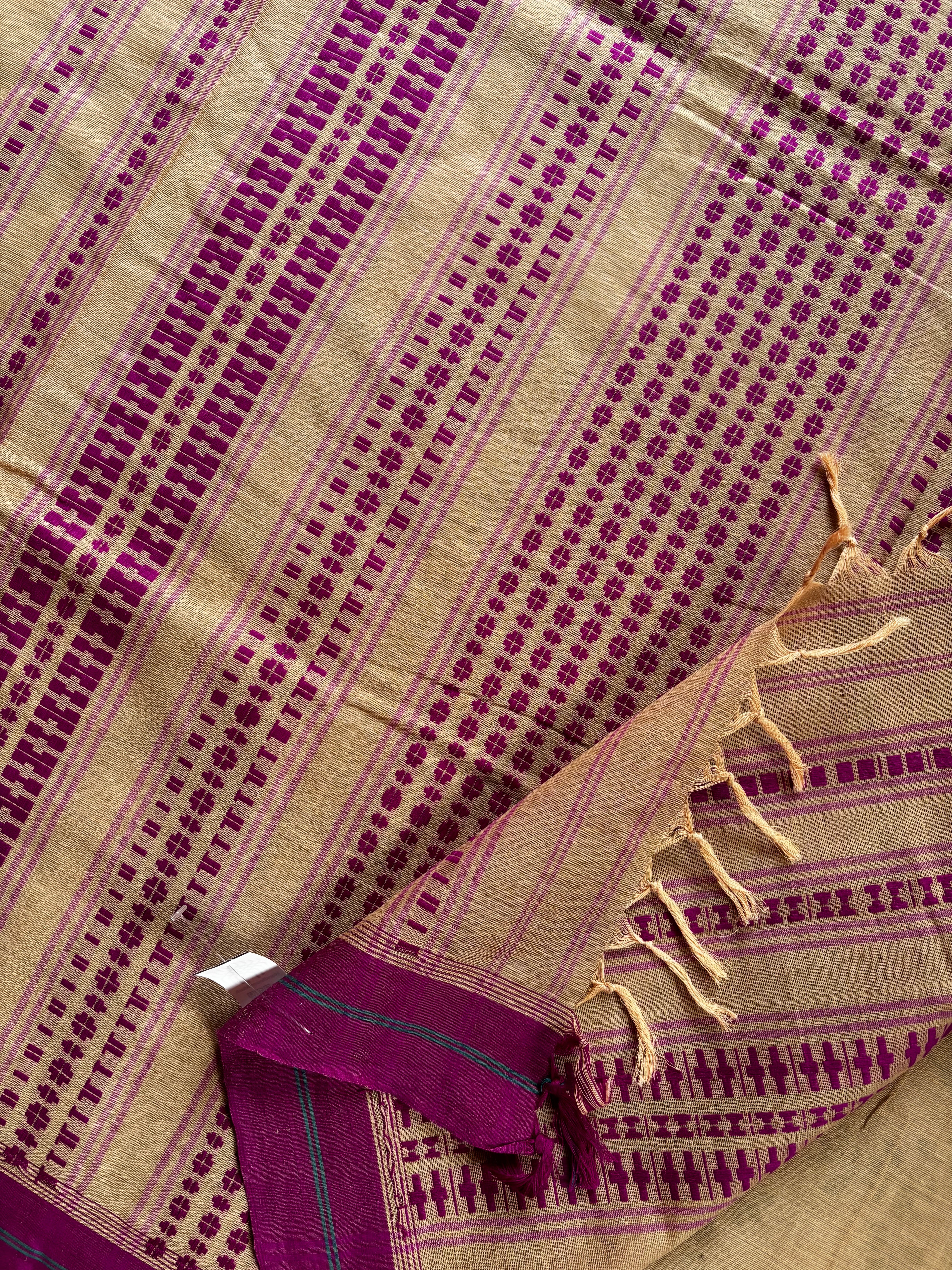Handwoven Beige Purple Begampuri Cotton Saree