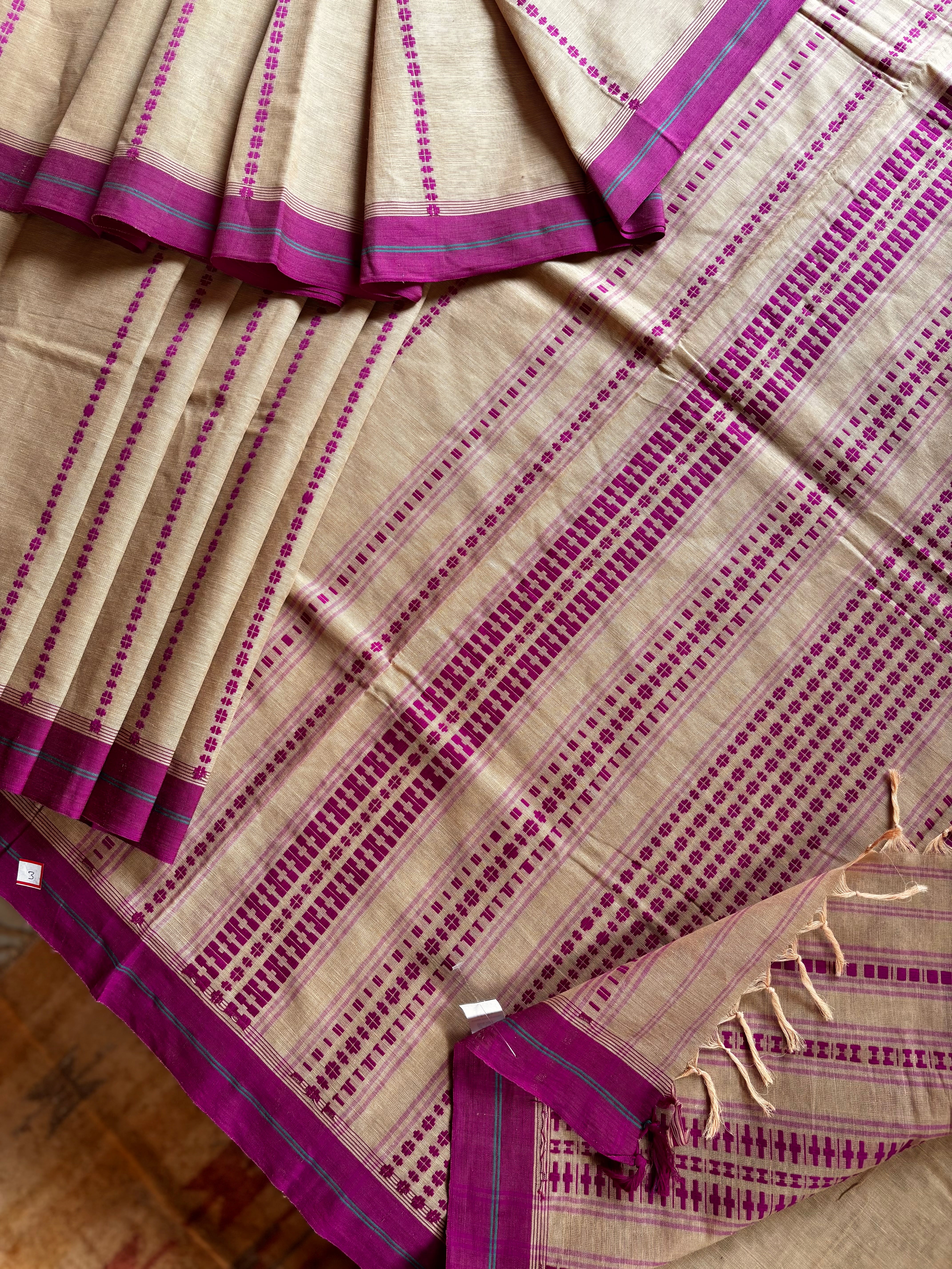 Handwoven Beige Purple Begampuri Cotton Saree